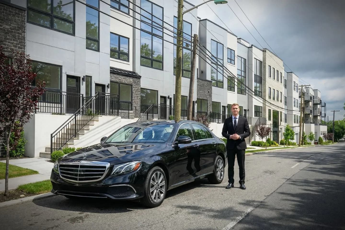 Nighttime airport pickup Passaic NJ Car Service chauffeur assisting luggage at curb with luxury sedan