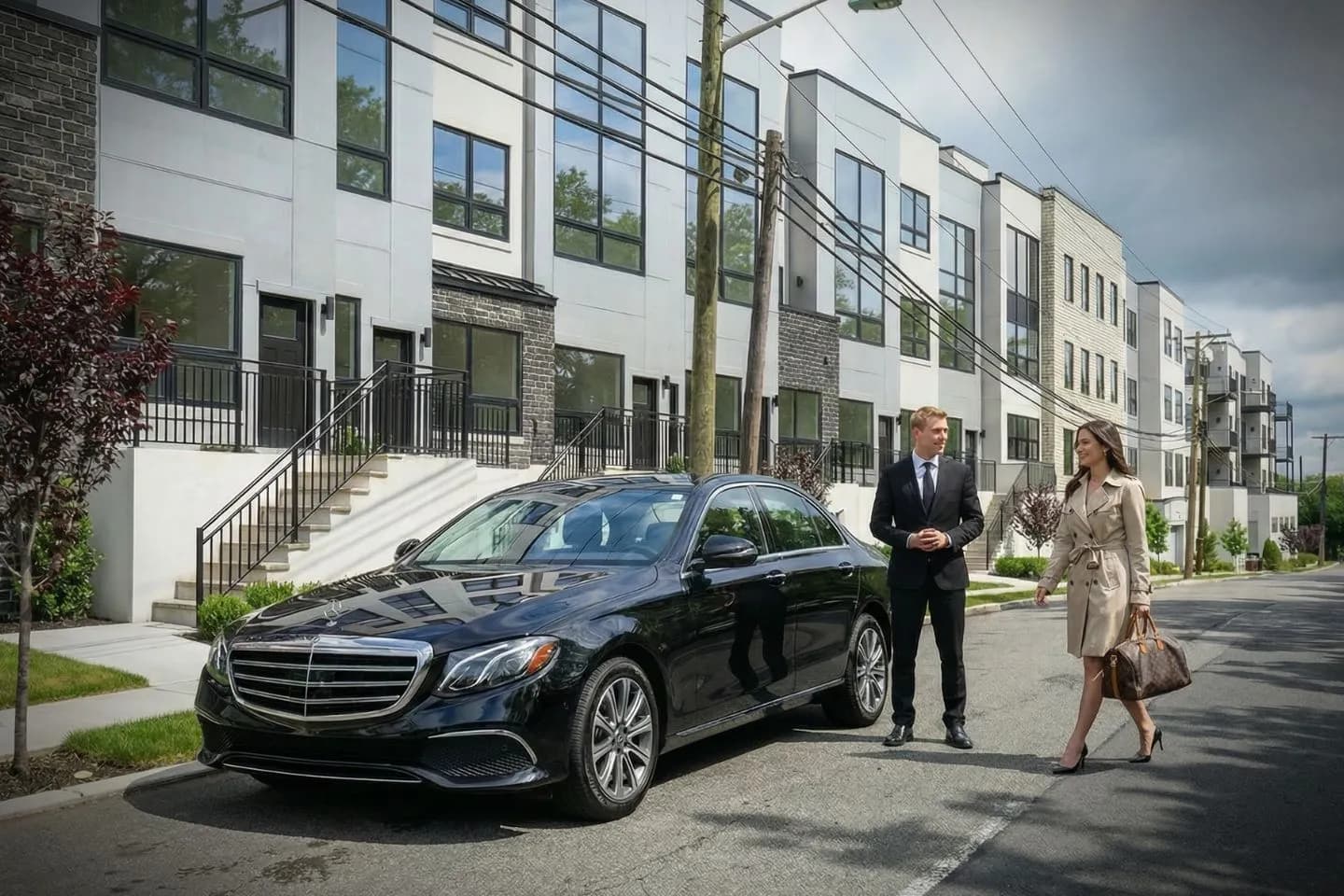 Luxury sedan with chauffeur providing Passaic, NJ Car Service to Newark Airport terminal curbside pickup