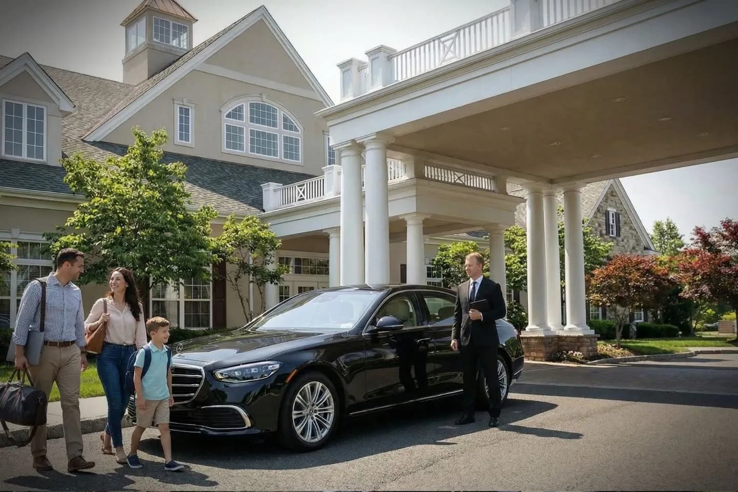 Sussex NJ Car Service luxury sedan with professional chauffeur picking up passenger in downtown Sussex