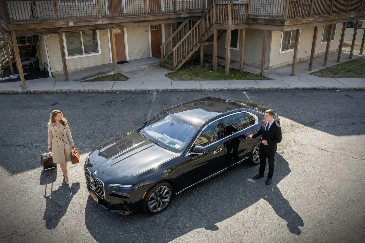 Executive black SUV from Union NJ car service parked outside corporate office building