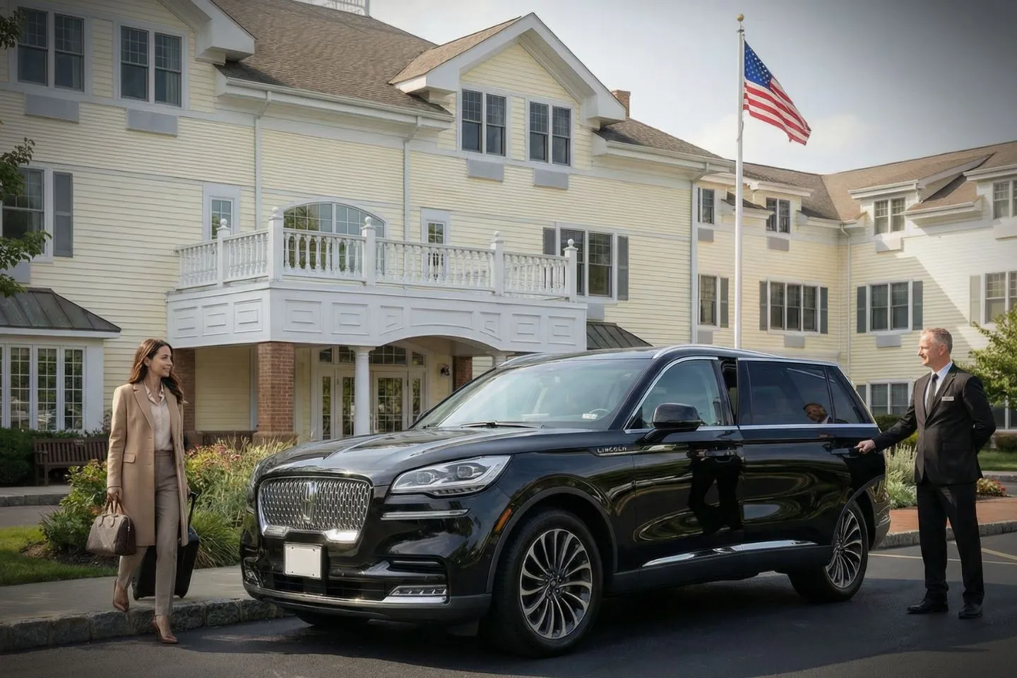 Chauffeur opening door for client using Warren NJ car service luxury vehicle in residential neighborhood