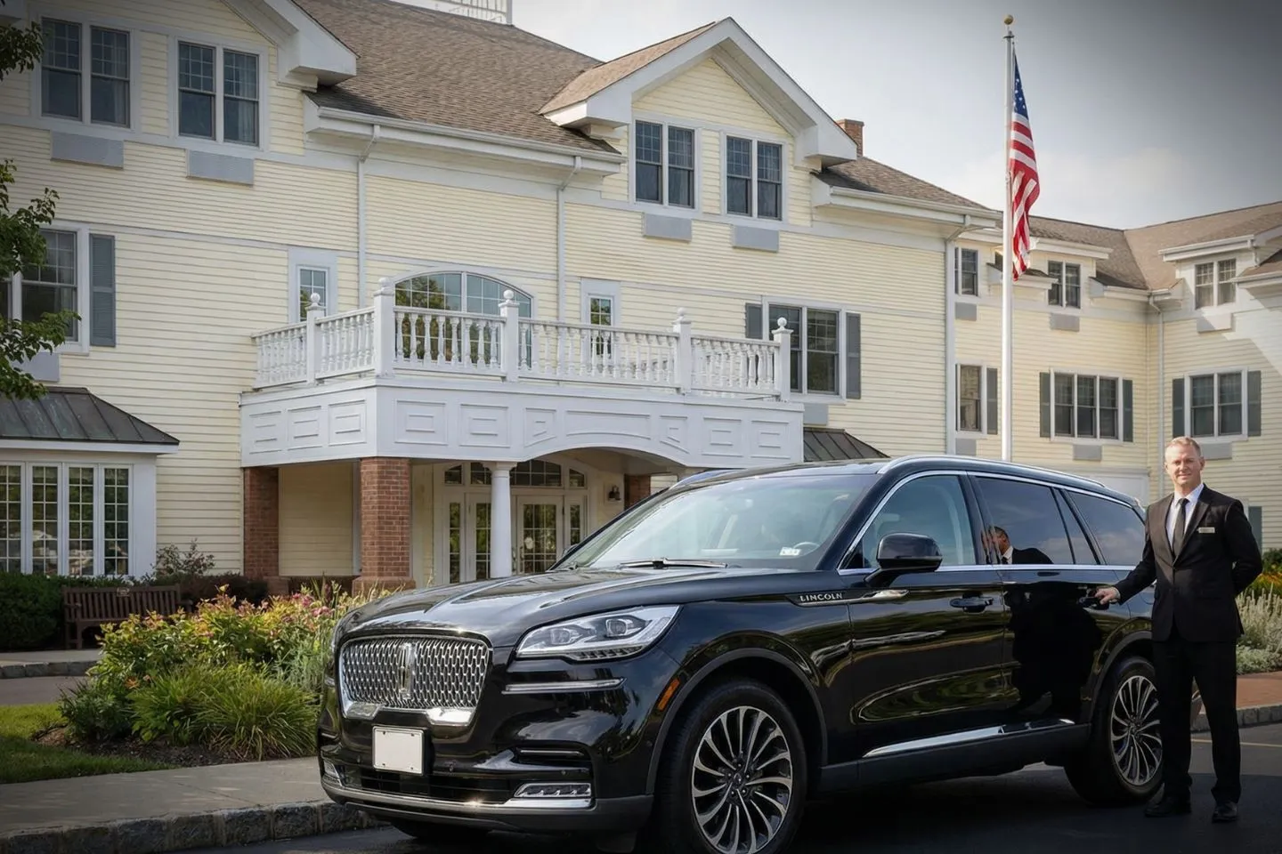 Warren, NJ Car Service luxury sedan with professional chauffeur assisting passenger outside office building