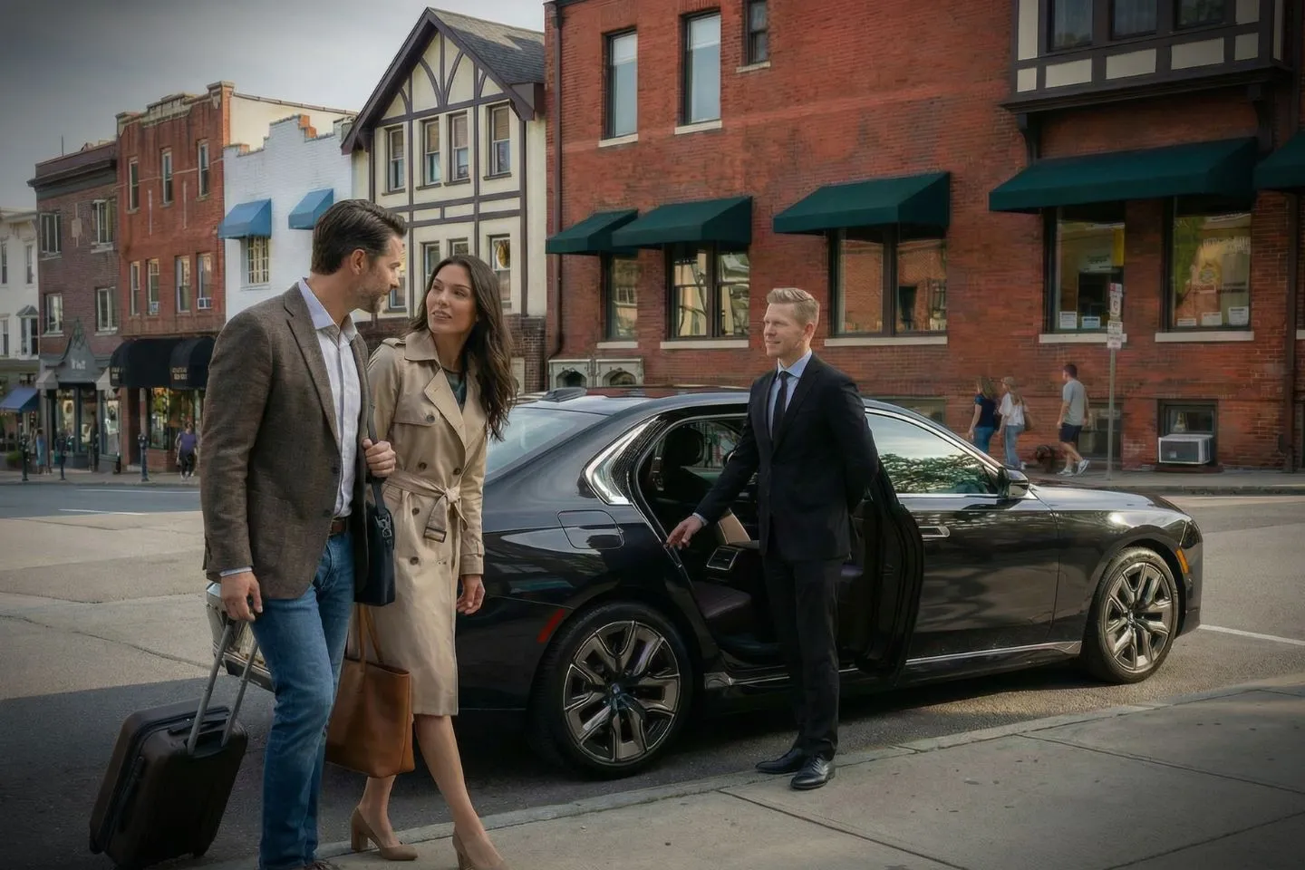 Chauffeur opening door for client using Fairfield CT car service near downtown area