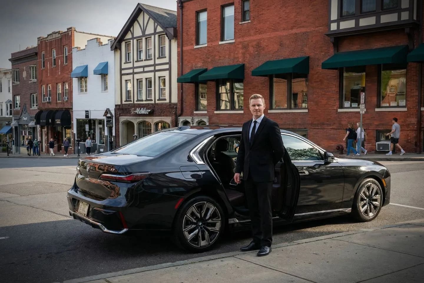 Fairfield CT Car Service luxury sedan with professional chauffeur waiting outside upscale home