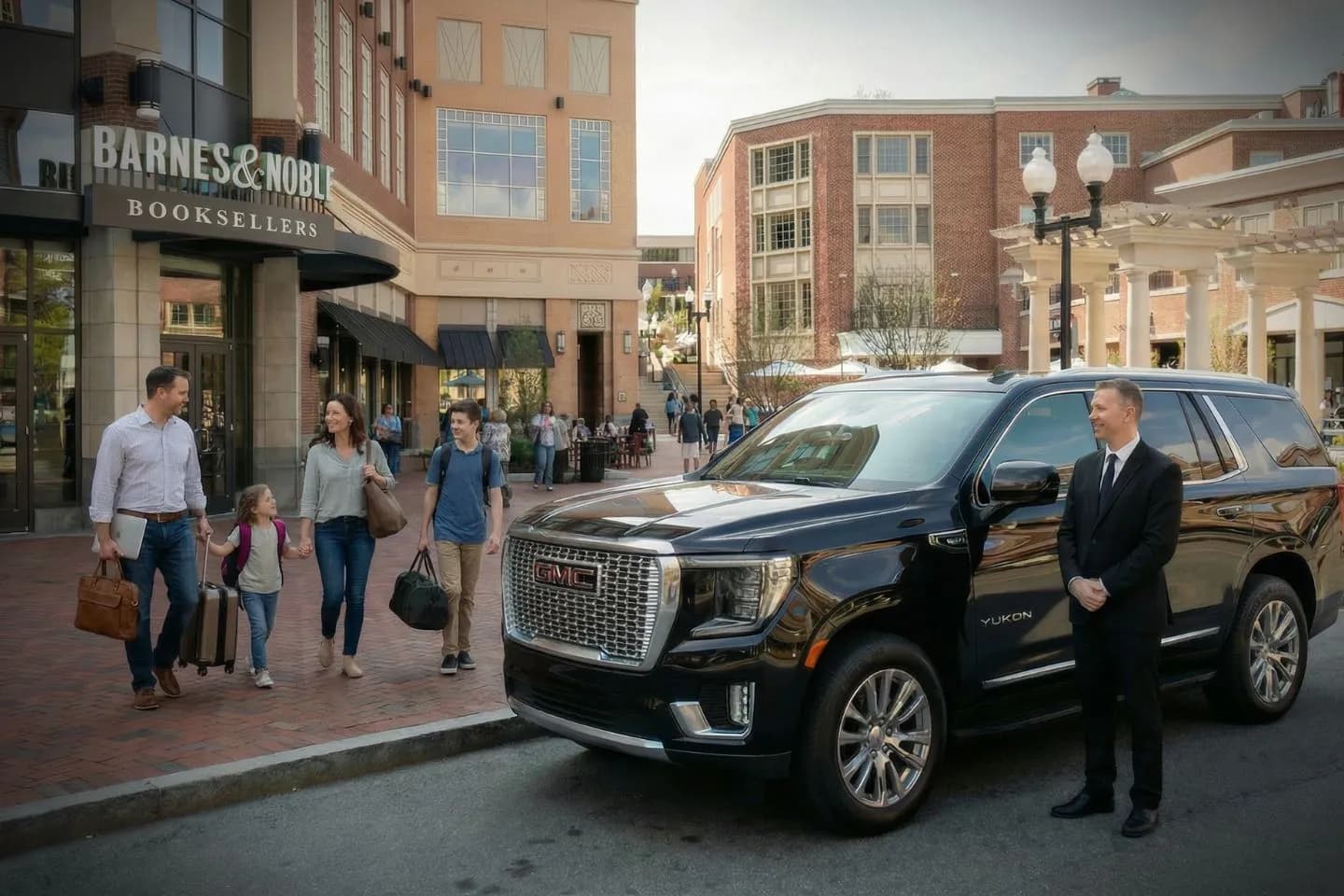 Luxury sedan with chauffeur arriving for Hartford, CT Car Service airport pickup in downtown Hartford streets