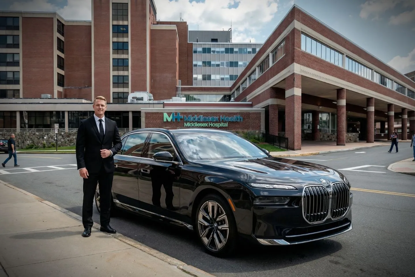 Luxury SUV from Middlesex, CT Car Service parked outside airport terminal for pickup service