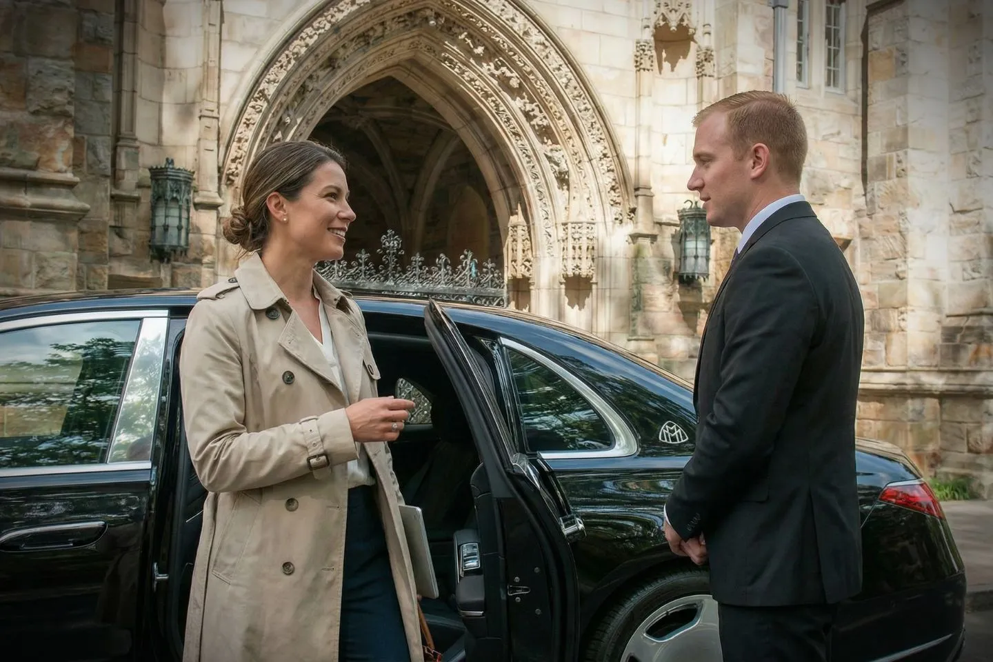 Luxury sedan from New Haven, CT Car Service parked near downtown with professional chauffeur ready for pickup