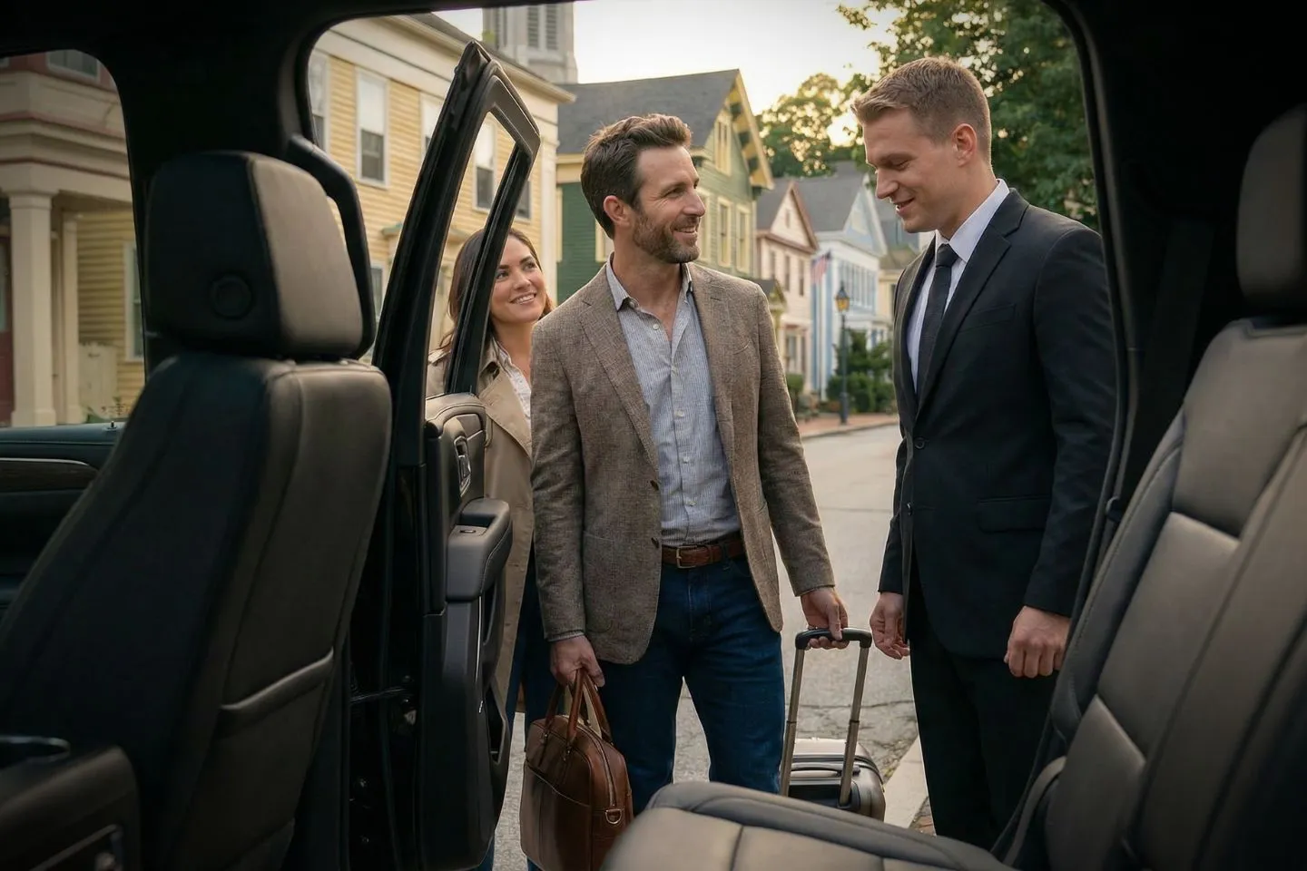 New London, CT car service chauffeur opening luxury sedan door for airport transfer