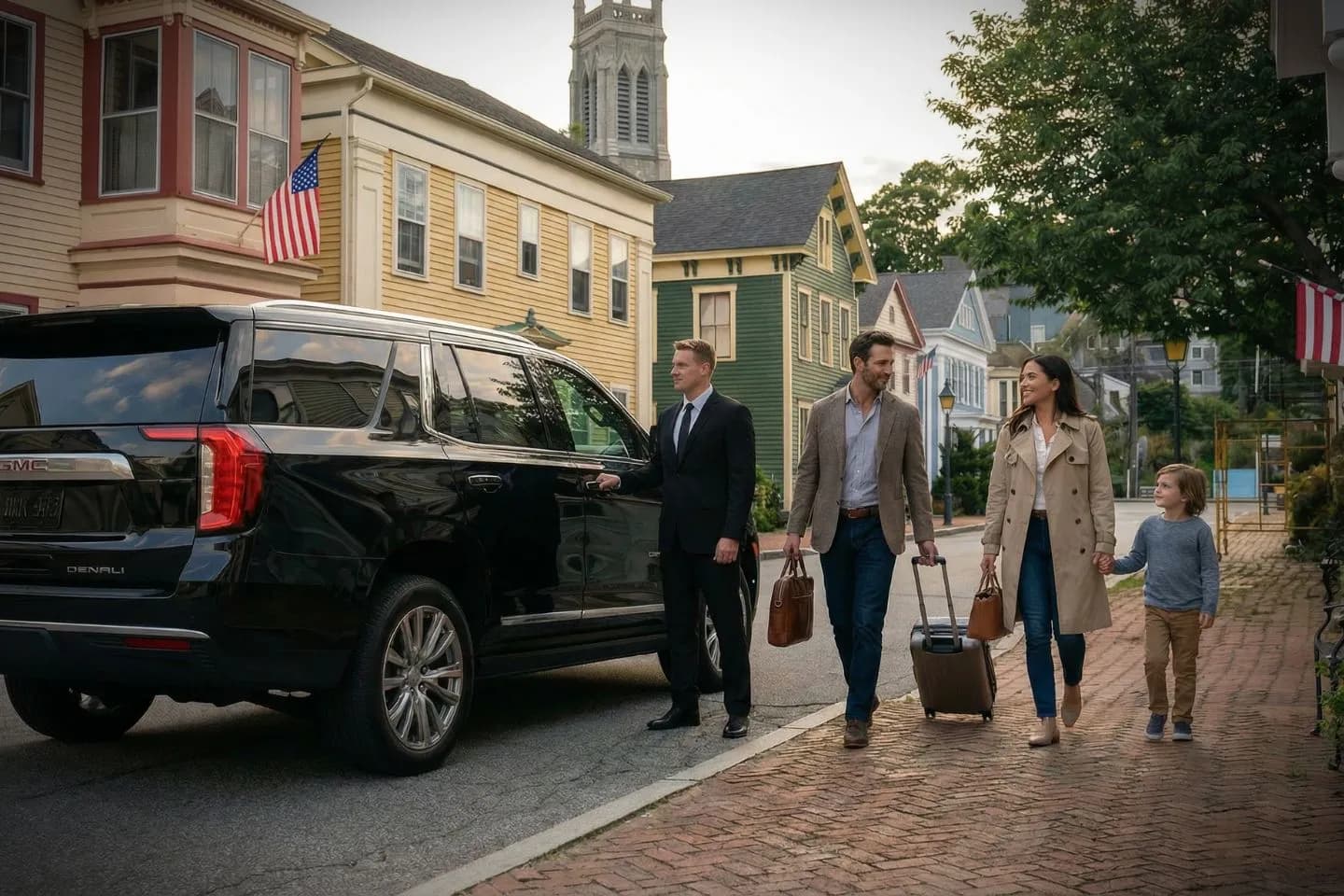 Nighttime New London CT car service ride with professional chauffeur and luxury vehicle