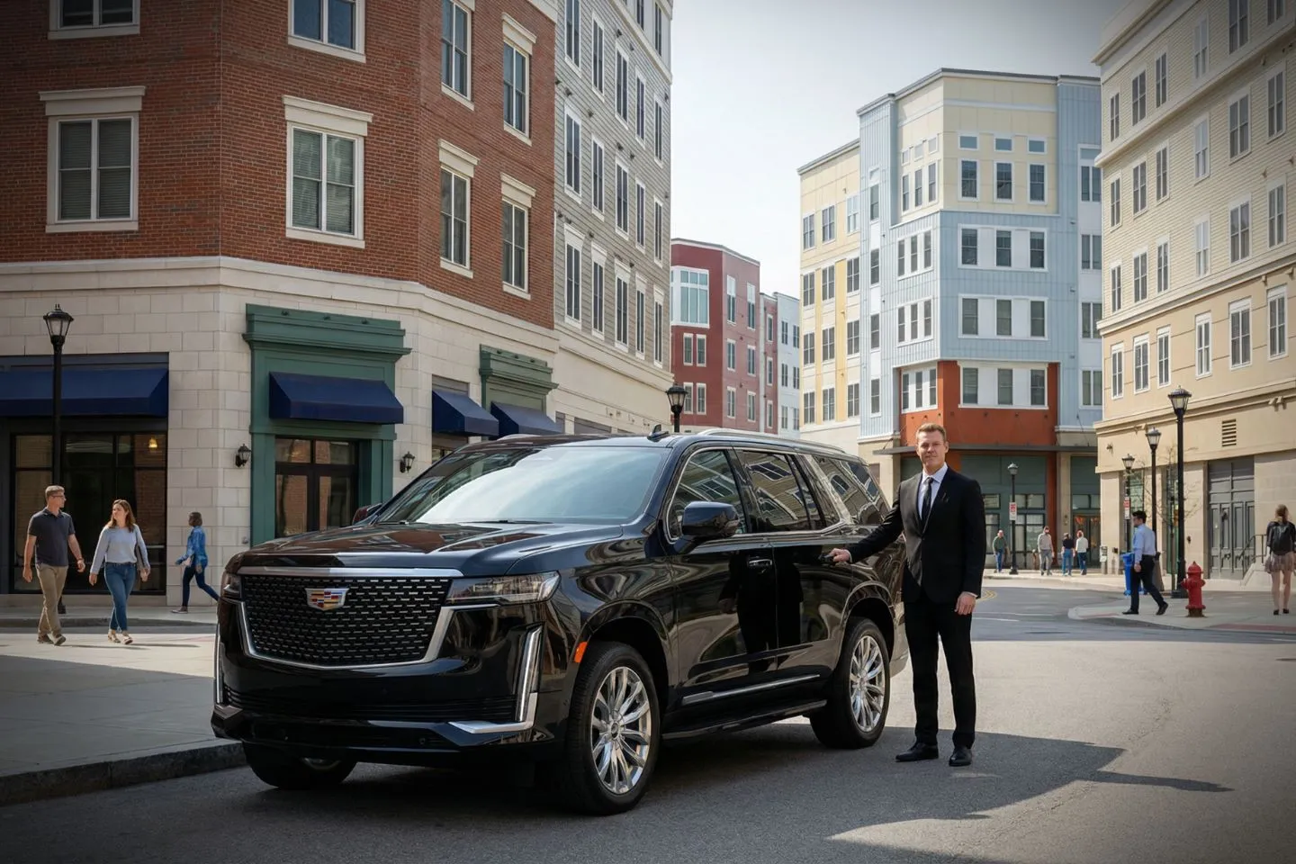 Luxury sedan from Tolland, CT Car Service parked outside residential neighborhood with professional chauffeur