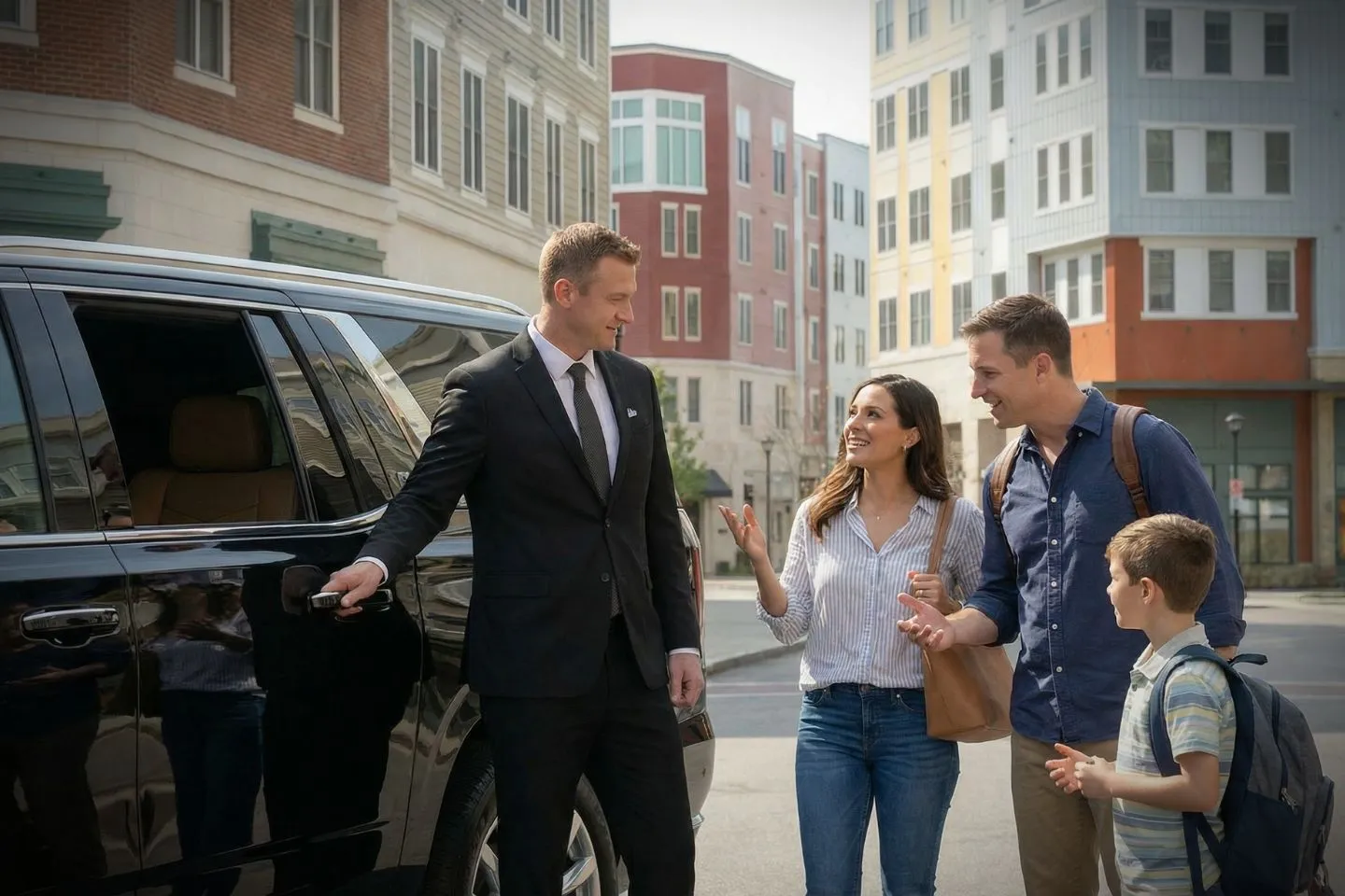 Executive black car from Tolland, CT car service waiting curbside for pickup in downtown area