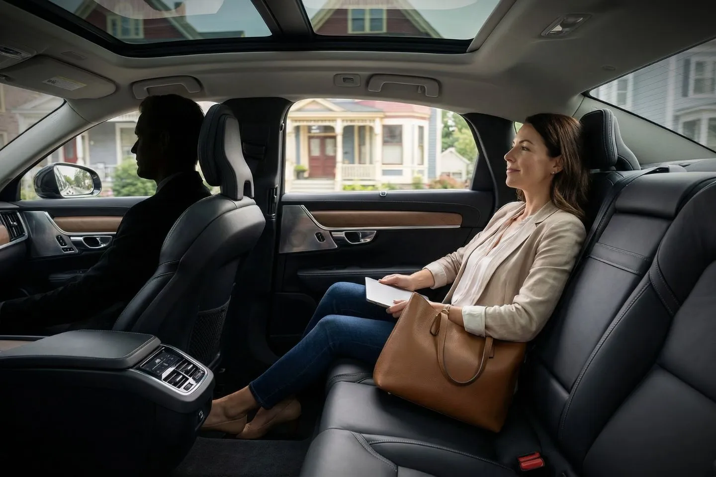 Chauffeur in suit driving executive client through Windham using premium car service