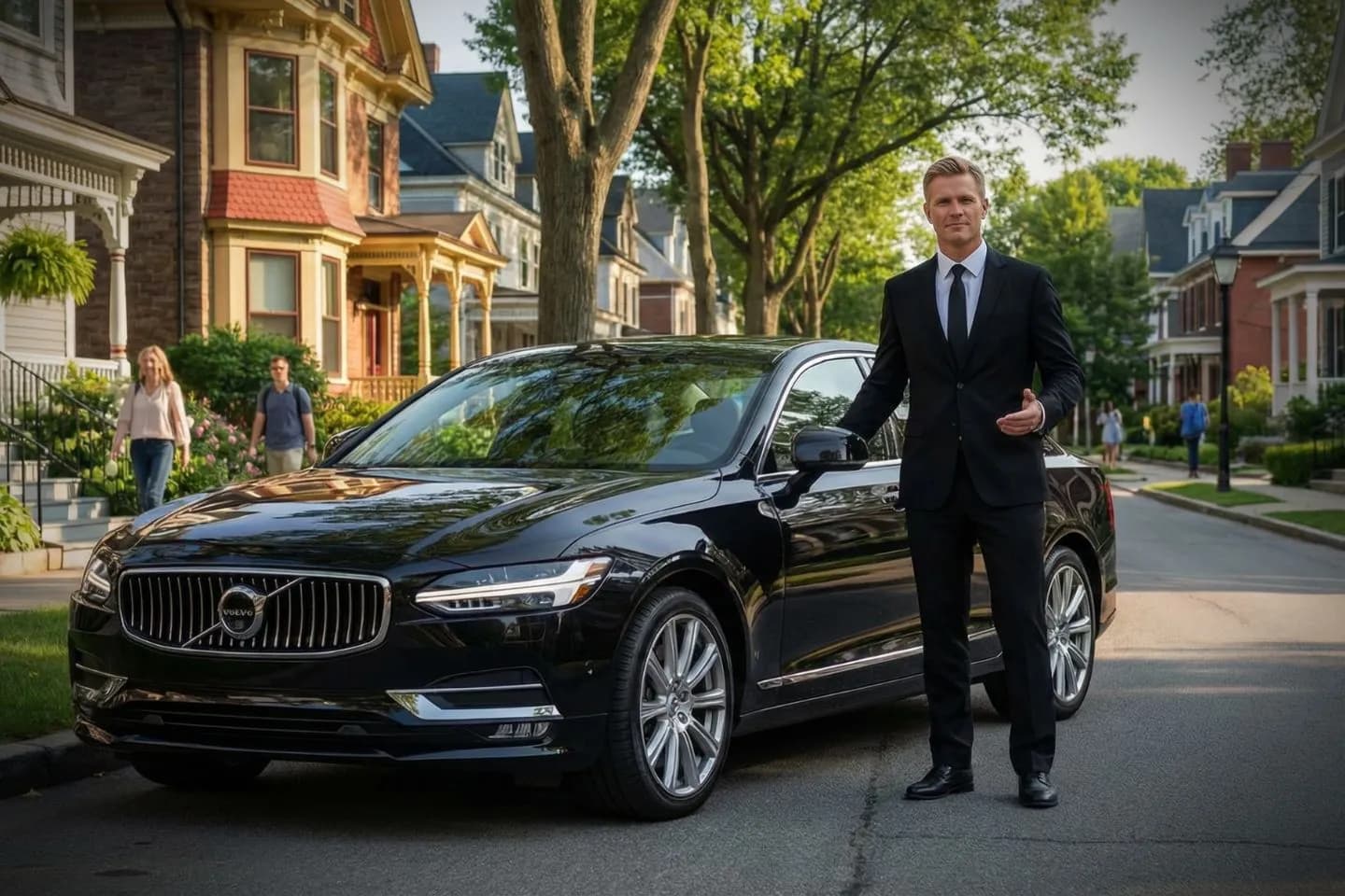 Windham, CT car service chauffeur opening luxury sedan door for passenger pickup in downtown Windham