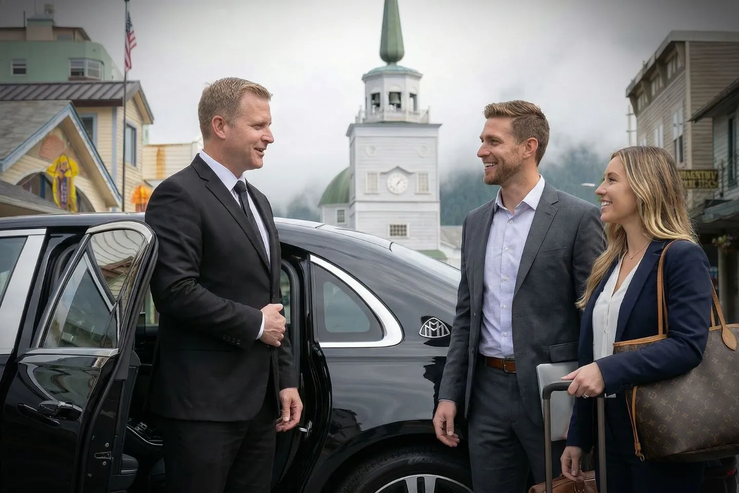 Alaska, AK Chauffeur Service luxury black SUV with professional driver parked near scenic mountain landscape