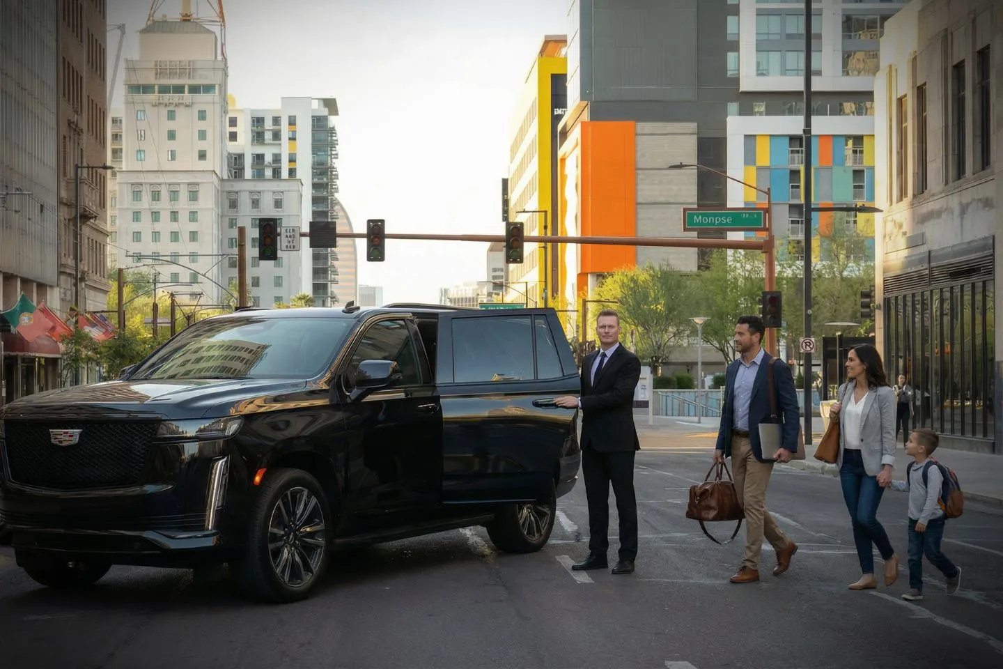 Professional chauffeur opening door for client in Arizona, AZ Chauffeur Service luxury vehicle