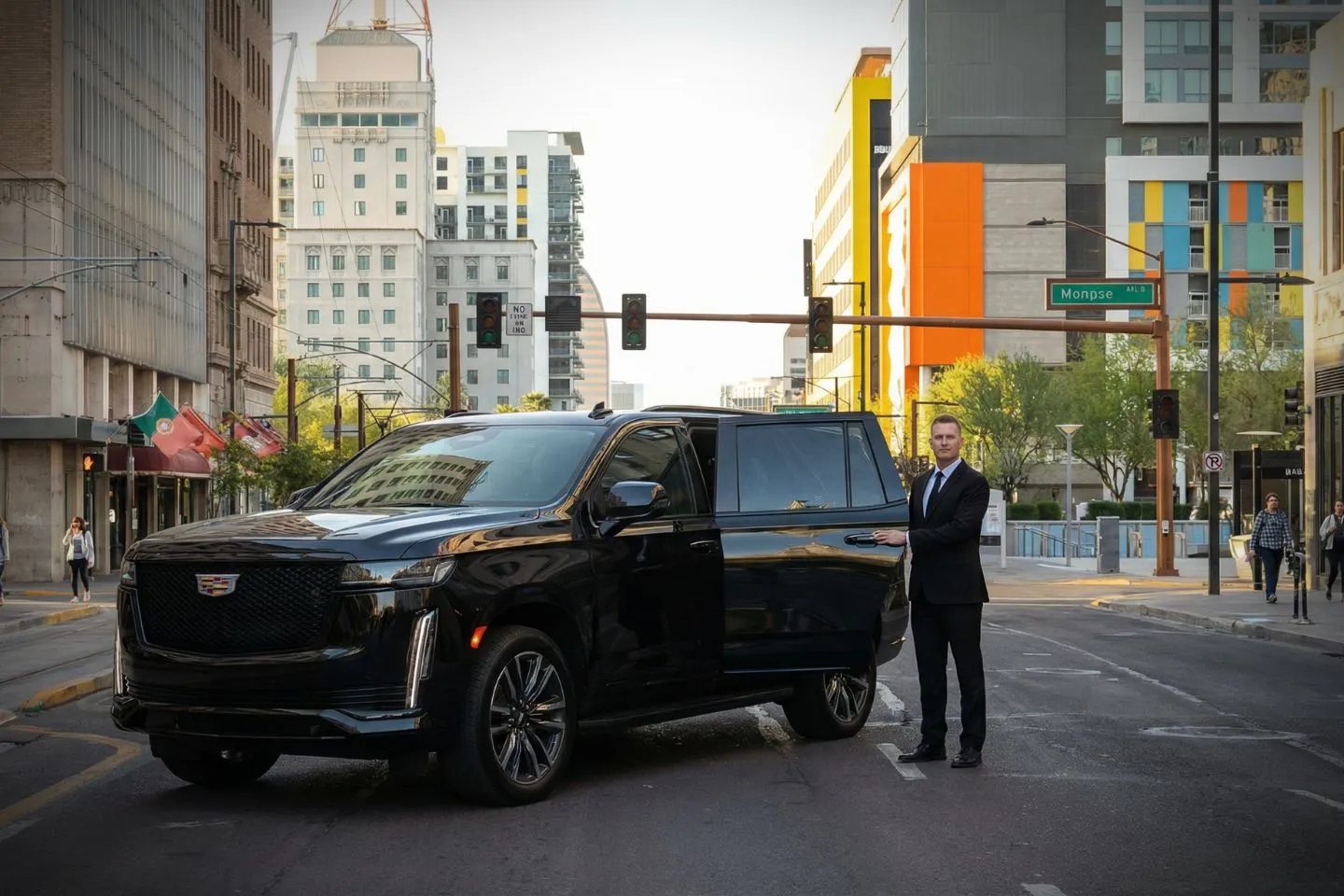 Luxury sedan with Arizona, AZ Chauffeur Service driver waiting outside airport terminal