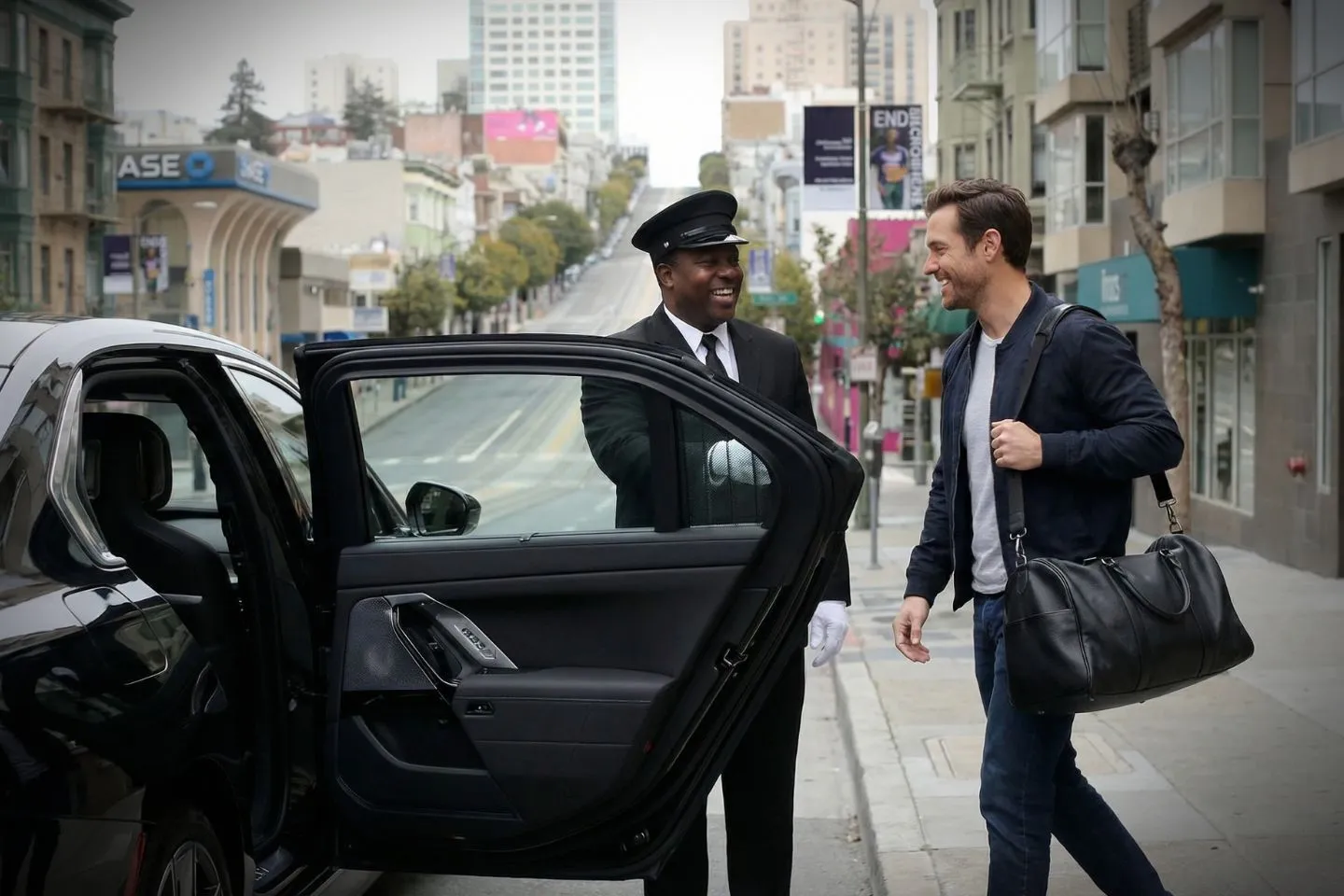 Luxury sedan with professional driver providing California, CA Chauffeur Service in downtown business district