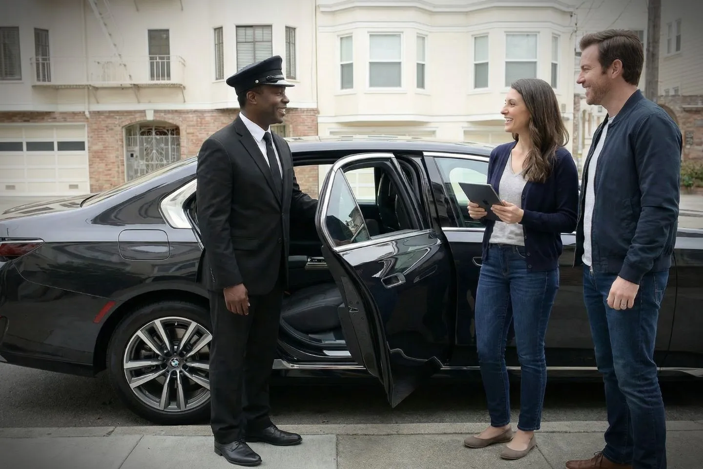 Business traveler using California chauffeur service with luxury car and uniformed driver