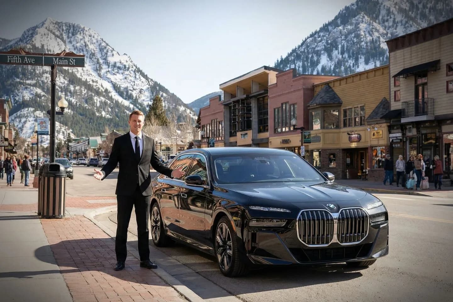 Luxury black car arriving downtown Denver Colorado CO Chauffeur Service airport pickup