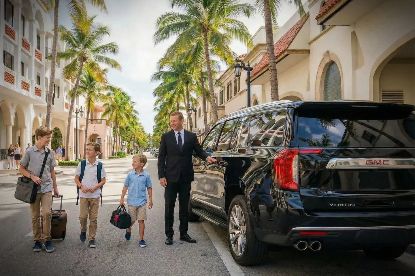 Florida, FL chauffeur service SUV providing airport transfer with driver assisting passenger luggage at terminal