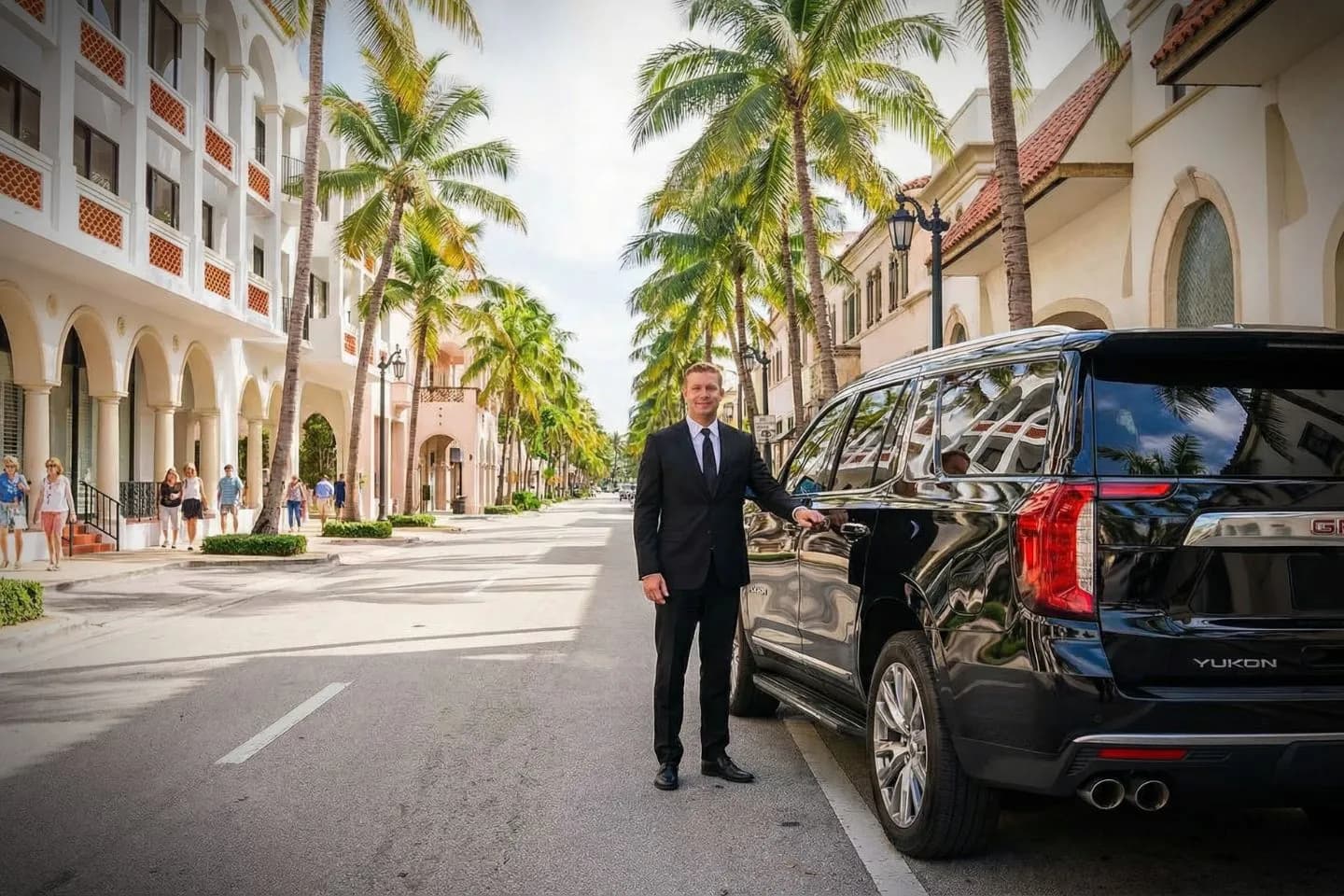 Luxury sedan from Florida, FL Chauffeur Service parked outside upscale hotel entrance with professional chauffeur ready