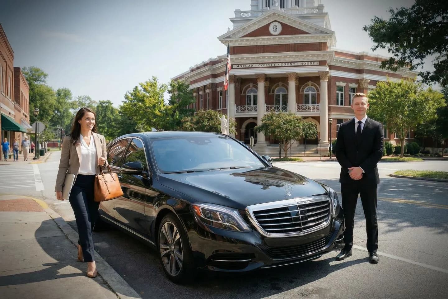 Luxury sedan from Georgia, GA Chauffeur Service parked outside upscale hotel in Atlanta
