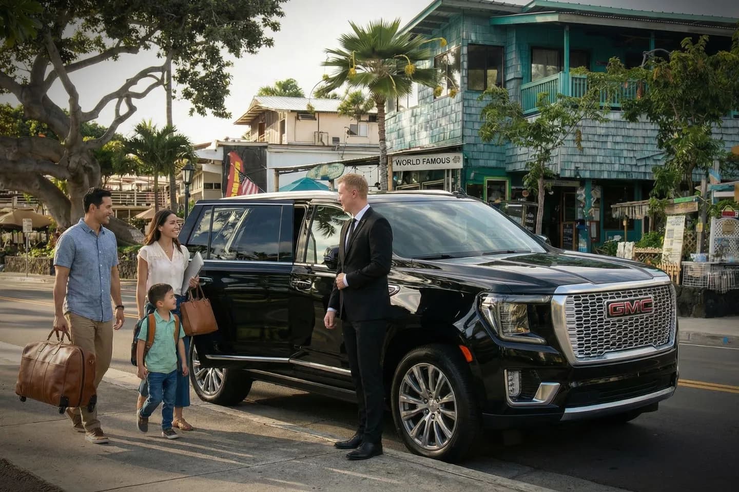 Luxury sedan from Hawaii, HI Chauffeur Service parked near beachfront resort with professional driver