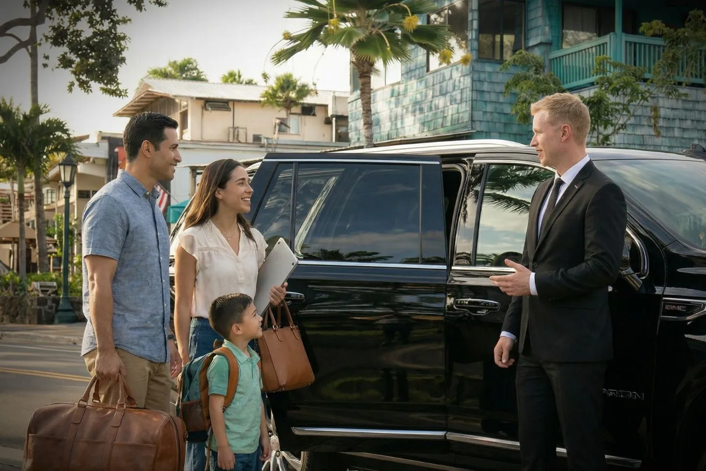 Hawaii chauffeur opening car door for client at airport pickup, premium chauffeur service experience