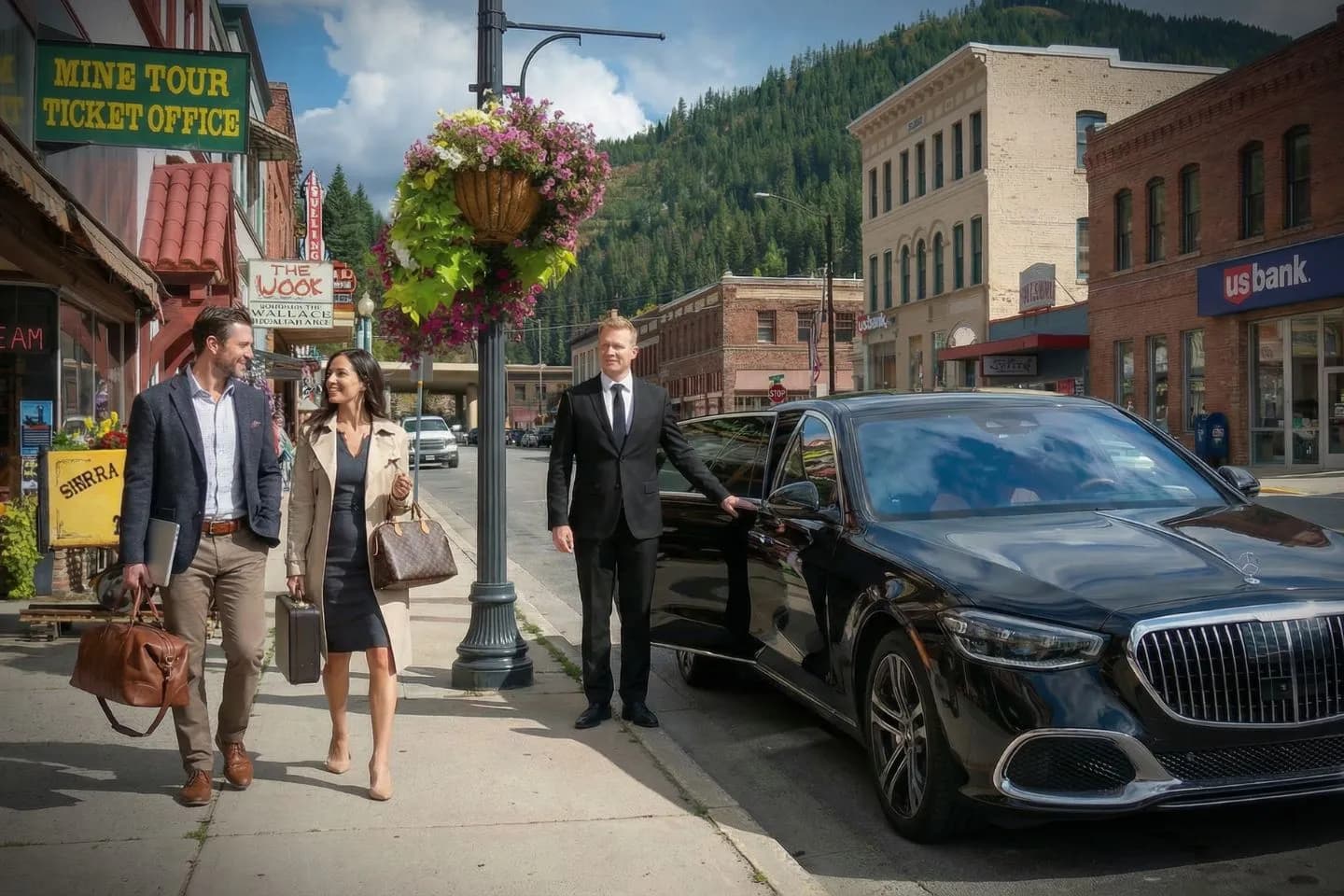 Luxury sedan with professional driver providing Idaho, ID Chauffeur Service for airport pickup