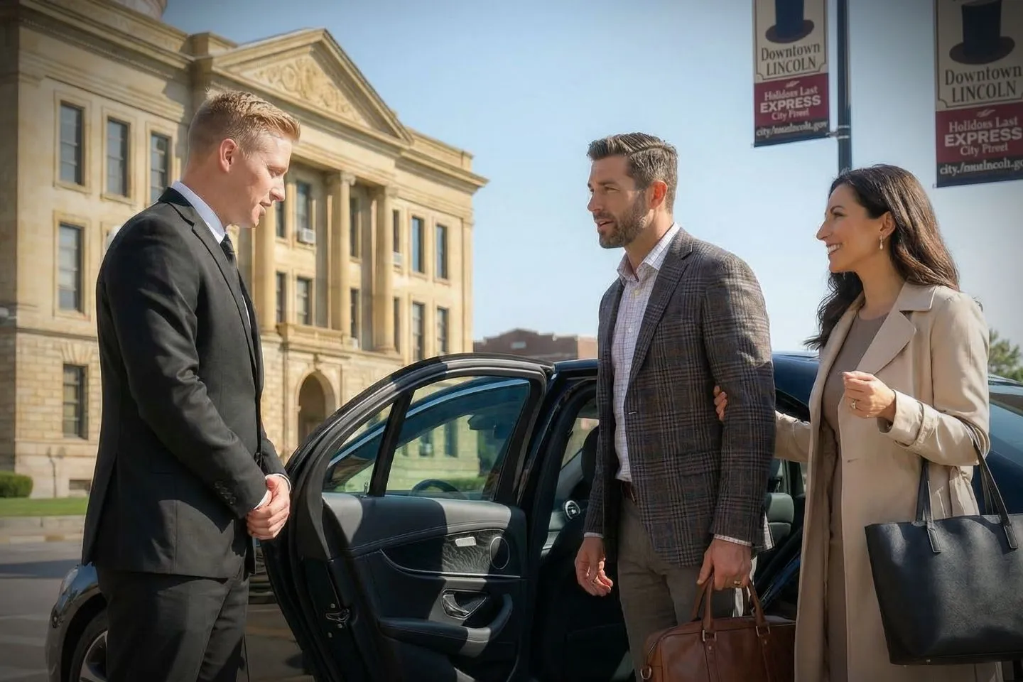 Professional chauffeur opening car door for client in Illinois, IL chauffeur service scene