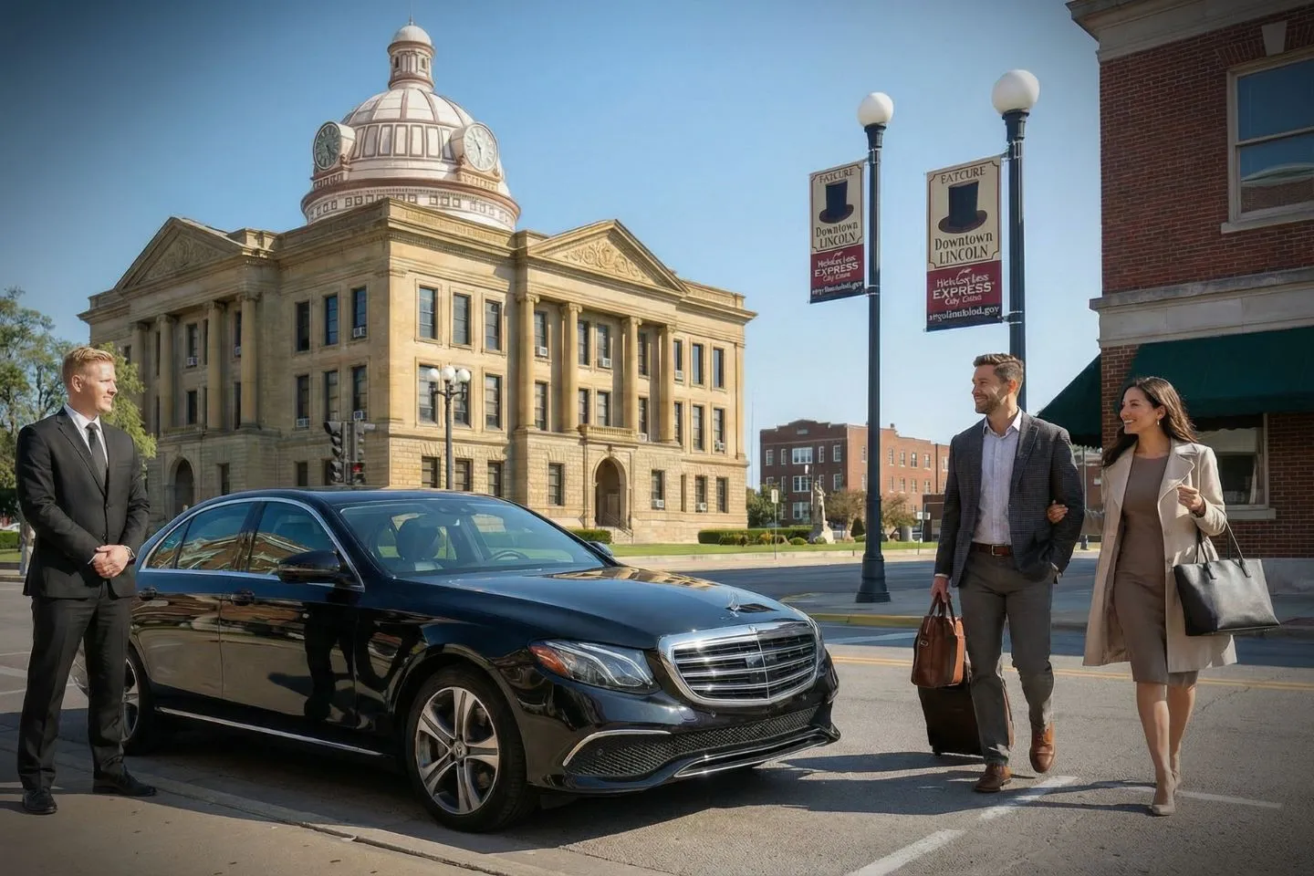 Luxury sedan with Illinois, IL chauffeur service parked outside downtown Chicago office building