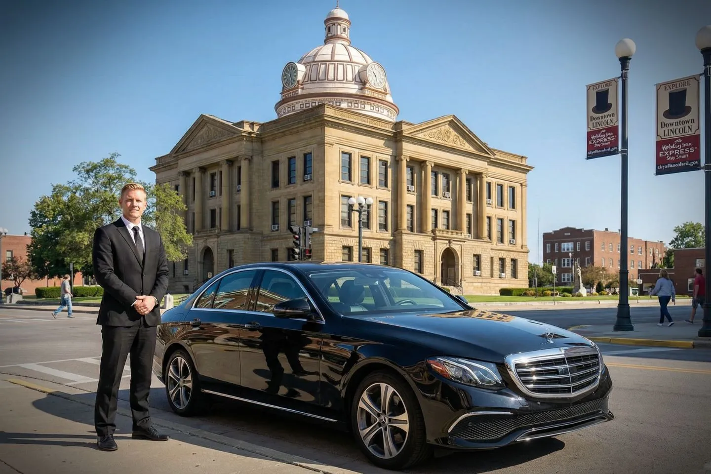 Wedding couple arriving in elegant Illinois, IL chauffeur service vehicle with professional driver