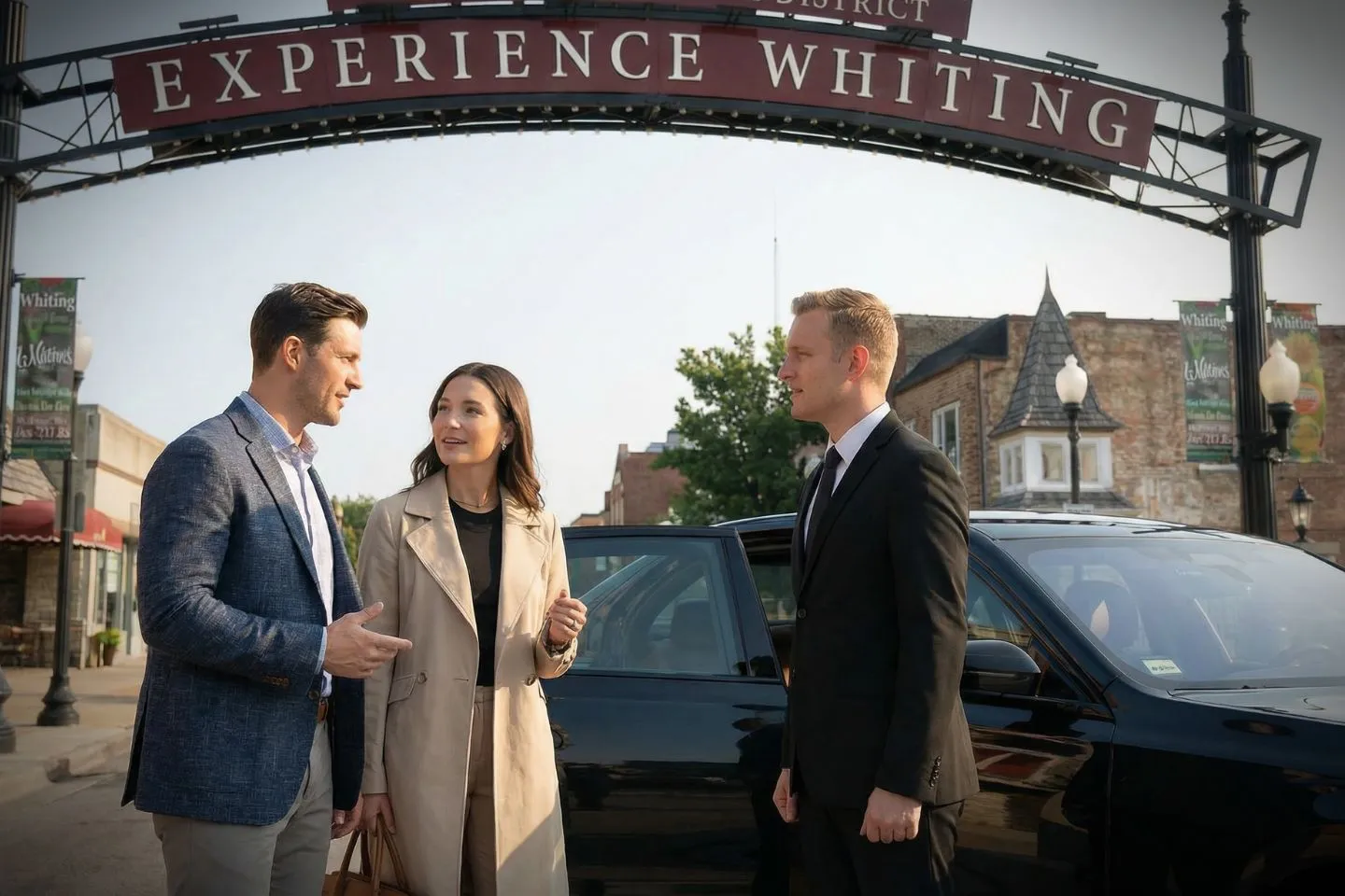 Professional chauffeur opening car door for client using Indiana chauffeur service in downtown area