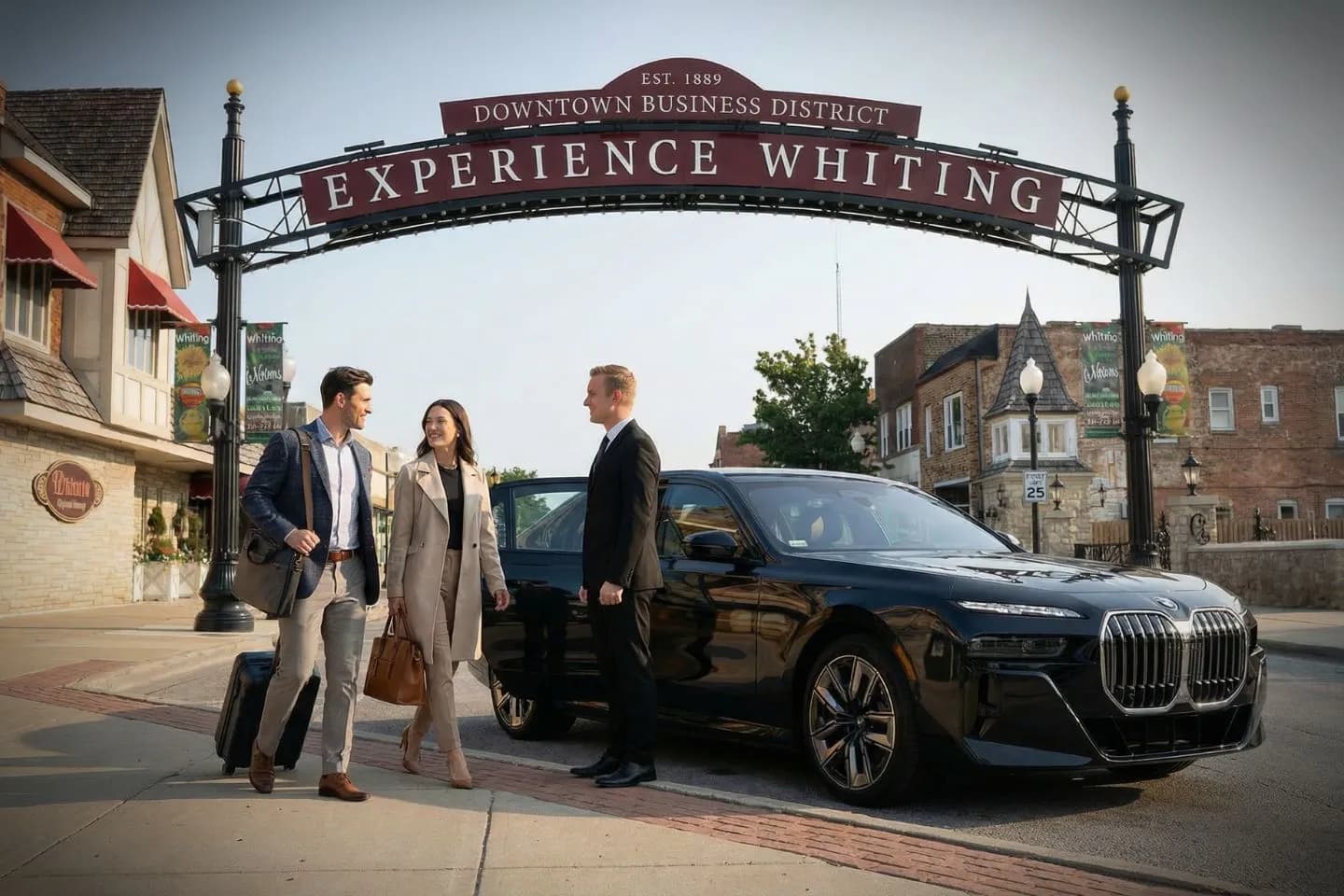 Luxury sedan with Indiana, IN chauffeur service parked outside corporate office building