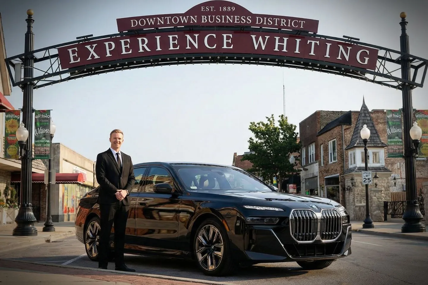 Indiana chauffeur service vehicle arriving at hotel entrance with professional driver