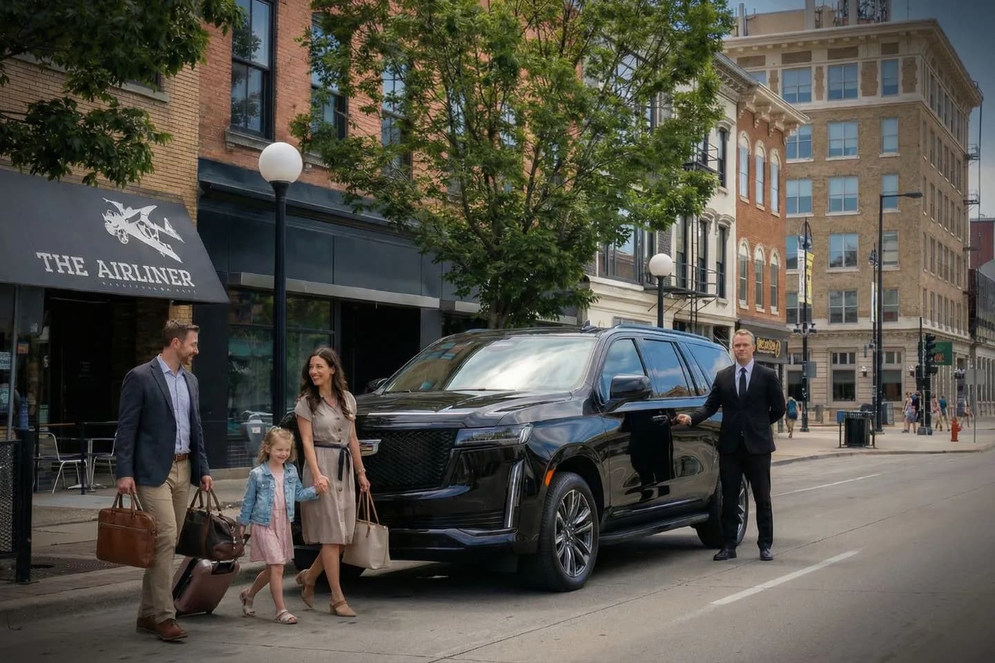 Iowa, IA chauffeur service luxury SUV for airport transfer with luggage assistance and professional driver