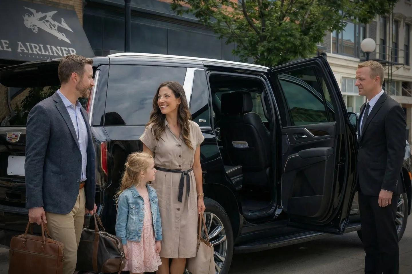 Elegant wedding transportation by Iowa chauffeur service with decorated luxury car and uniformed chauffeur