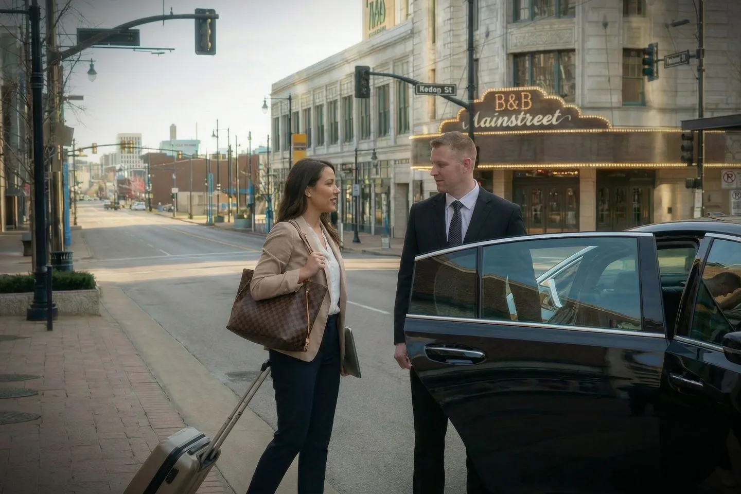 Kansas, KS Chauffeur Service chauffeur holding door open for passenger at luxury vehicle city street Kansas