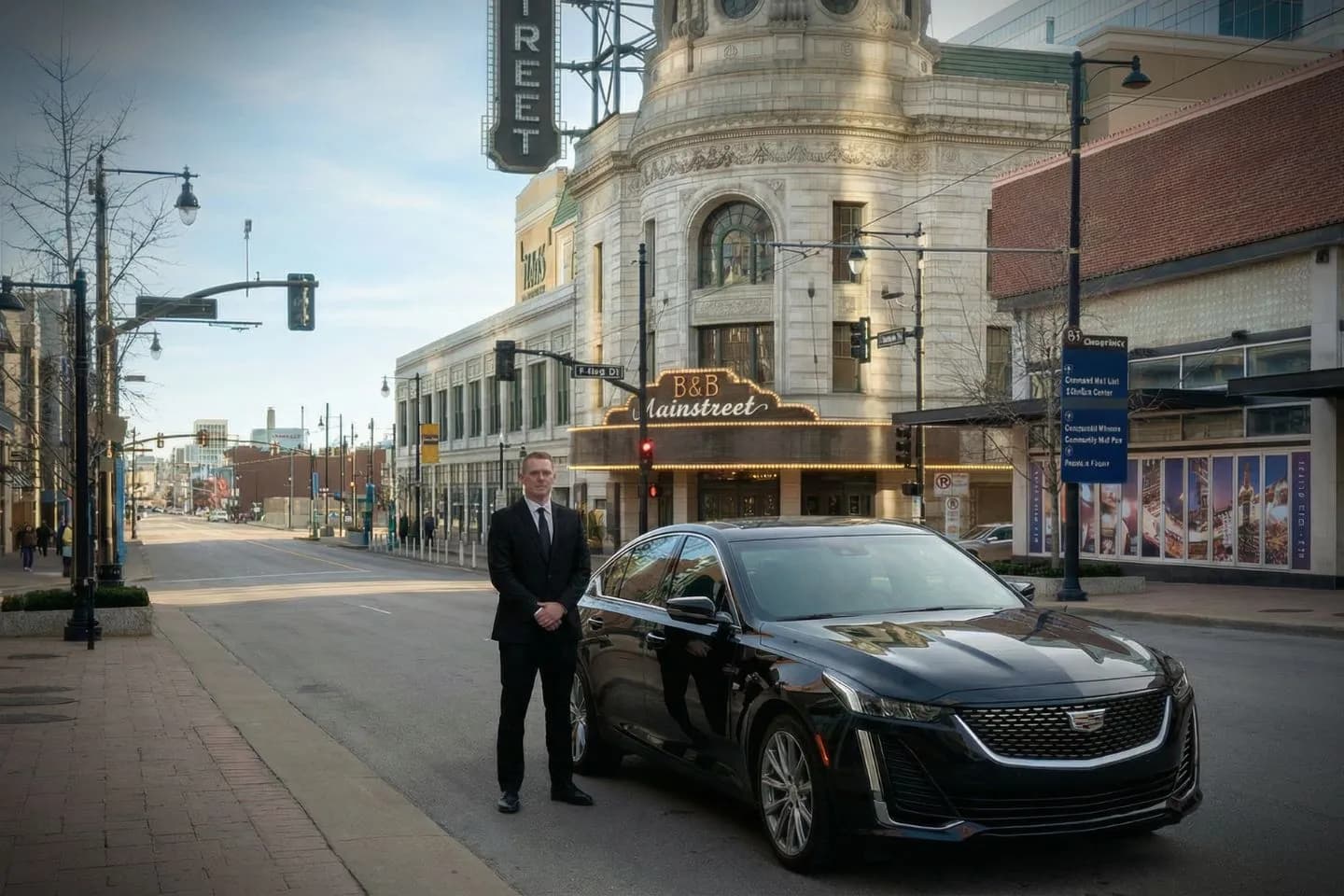 Kansas, KS Chauffeur Service luxury black car arriving at airport terminal in Kansas City, professional driver opening door
