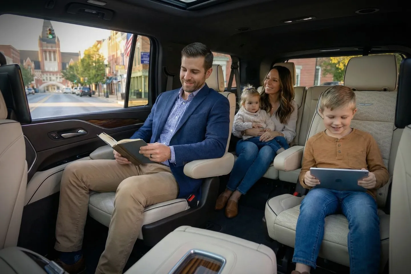 Professional driver opening door for client using Kentucky, KY Chauffeur Service black luxury car in urban setting