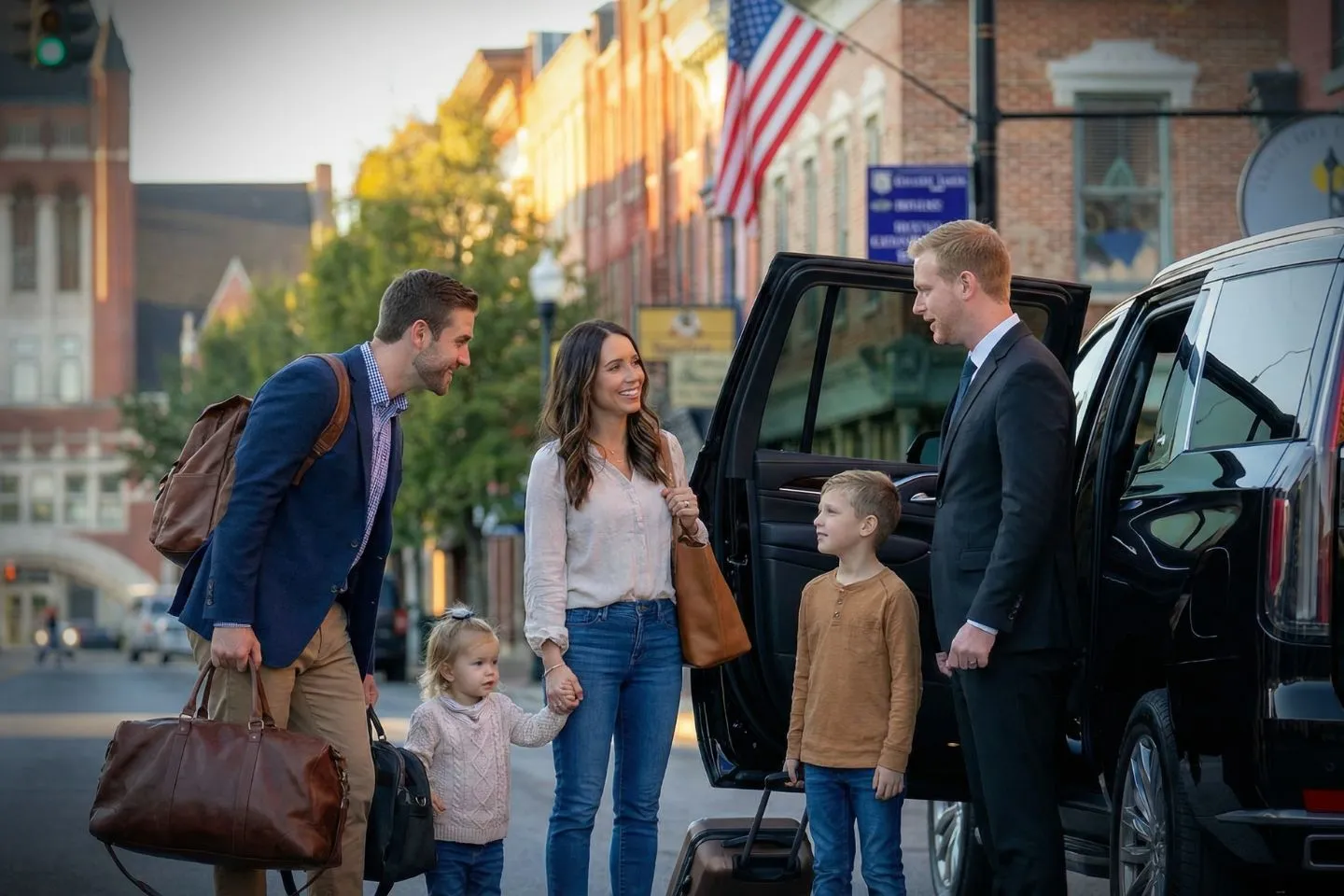 Kentucky, KY Chauffeur Service luxury sedan arriving at airport terminal in Kentucky city skyline background