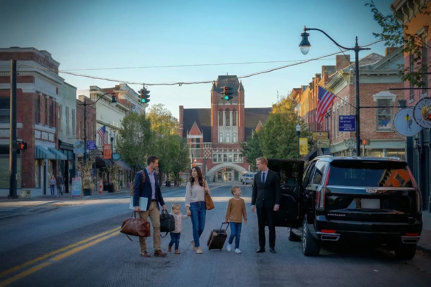 Wedding transportation car provided by Kentucky, KY Chauffeur Service decorated luxury vehicle arriving at venue entrance