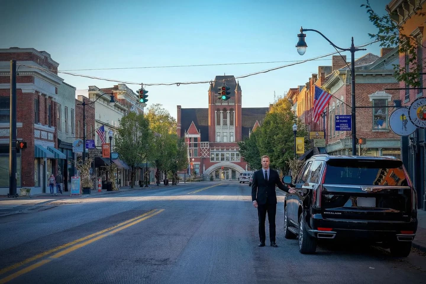 Corporate travel ride using Kentucky, KY Chauffeur Service with executive sedan parked outside office building Kentucky