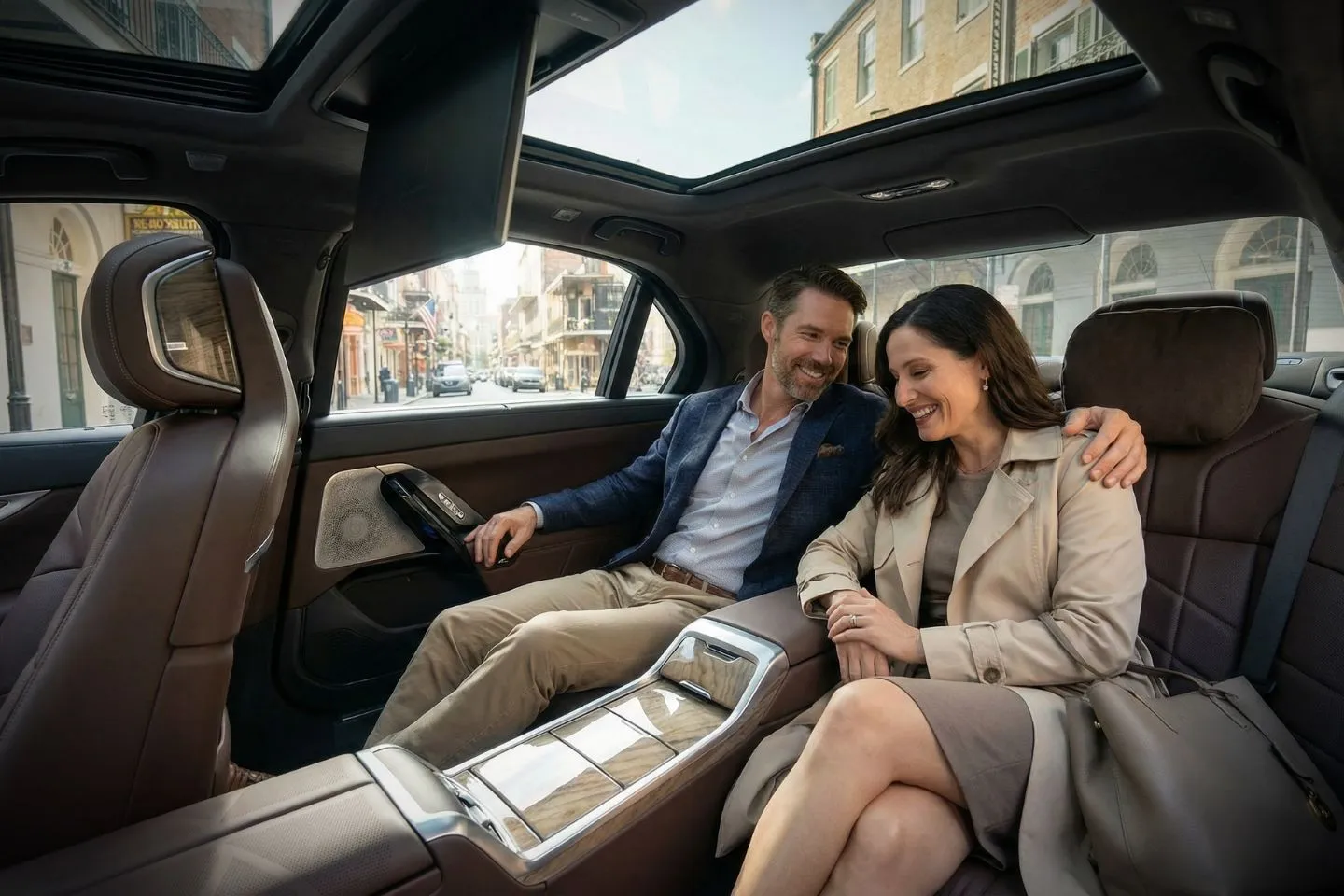 Wedding couple arriving in luxury car with Louisiana chauffeur service driver assisting