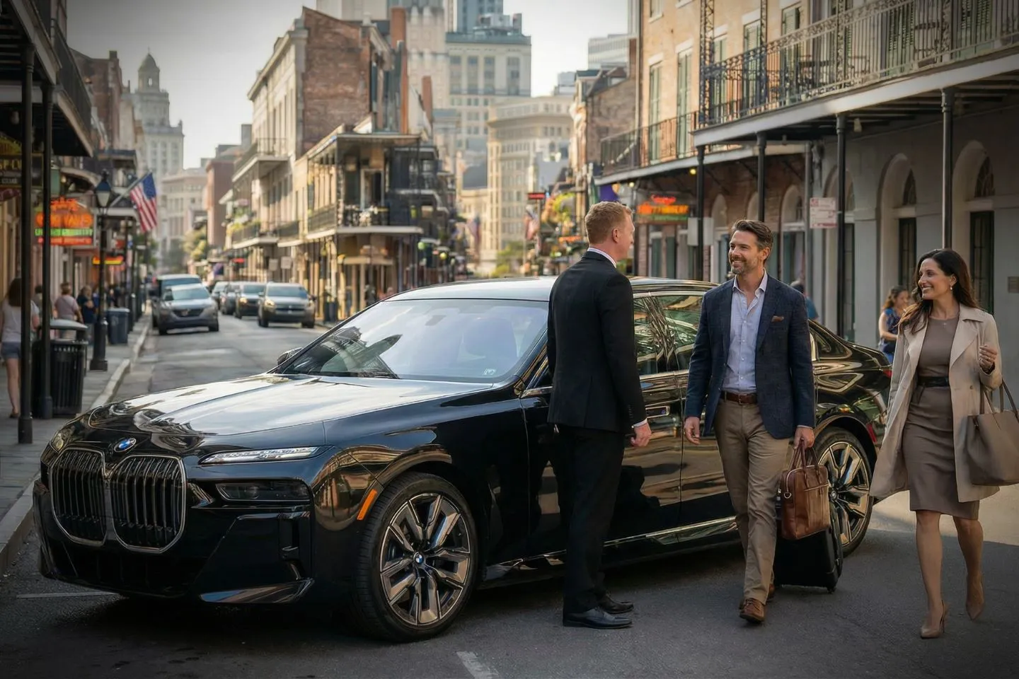 Louisiana chauffeur service driver in uniform beside luxury vehicle in downtown city setting