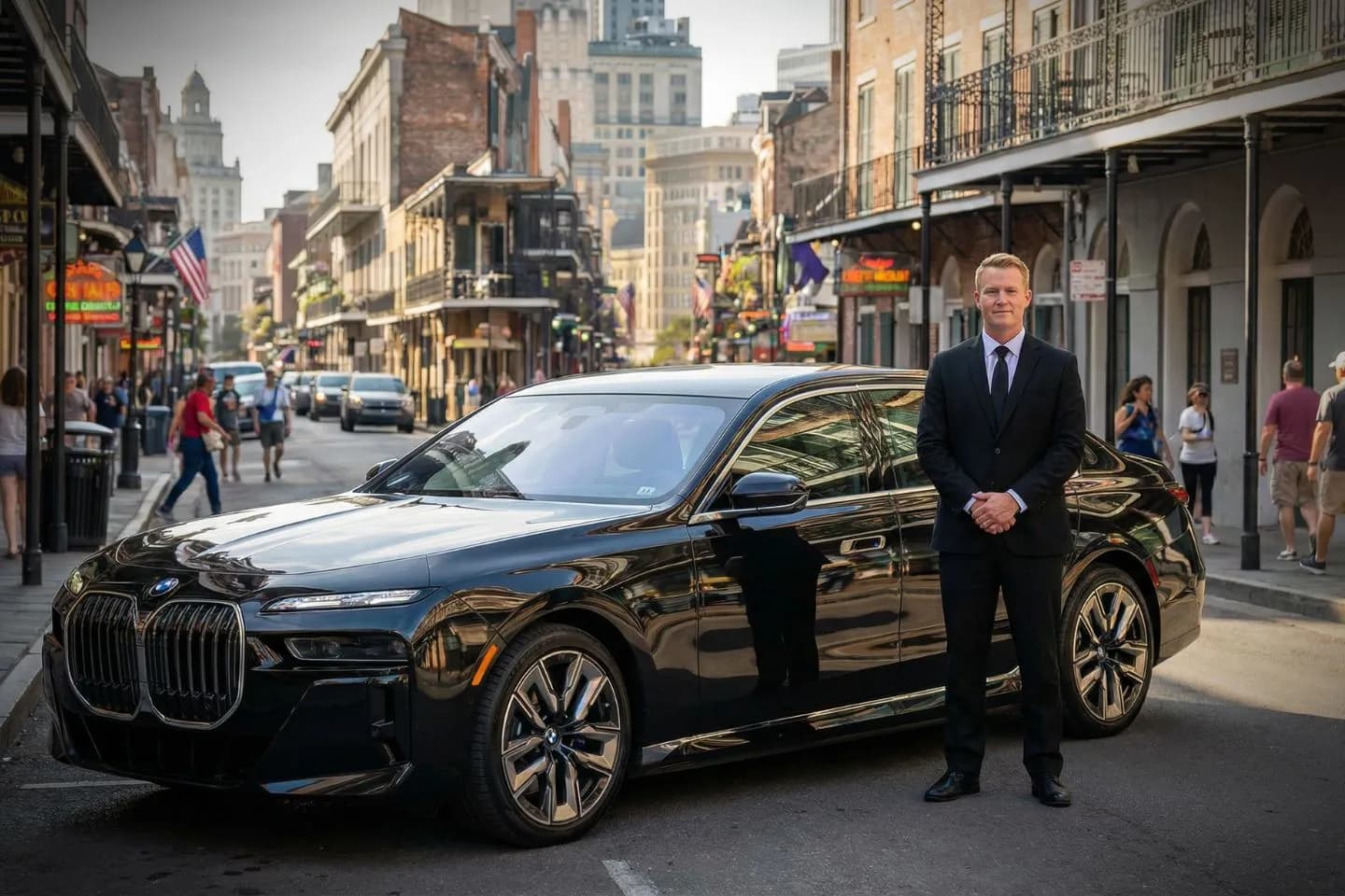 Chauffeur opening door for client in Louisiana, LA Chauffeur Service black SUV at airport terminal