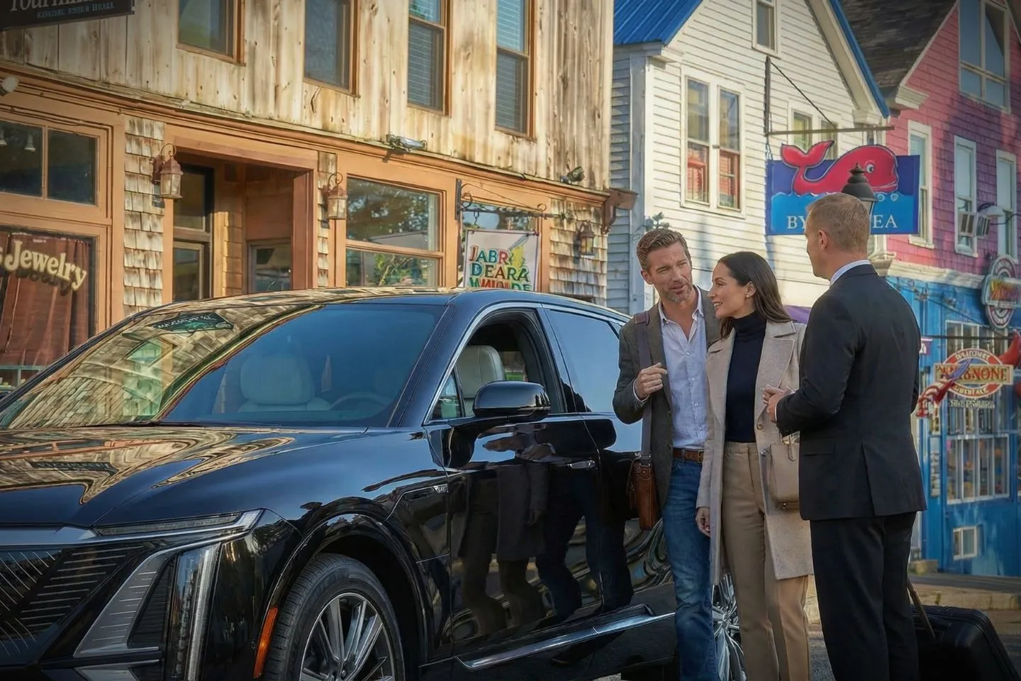 Luxury Maine, ME Chauffeur Service vehicle driving through scenic coastal highway