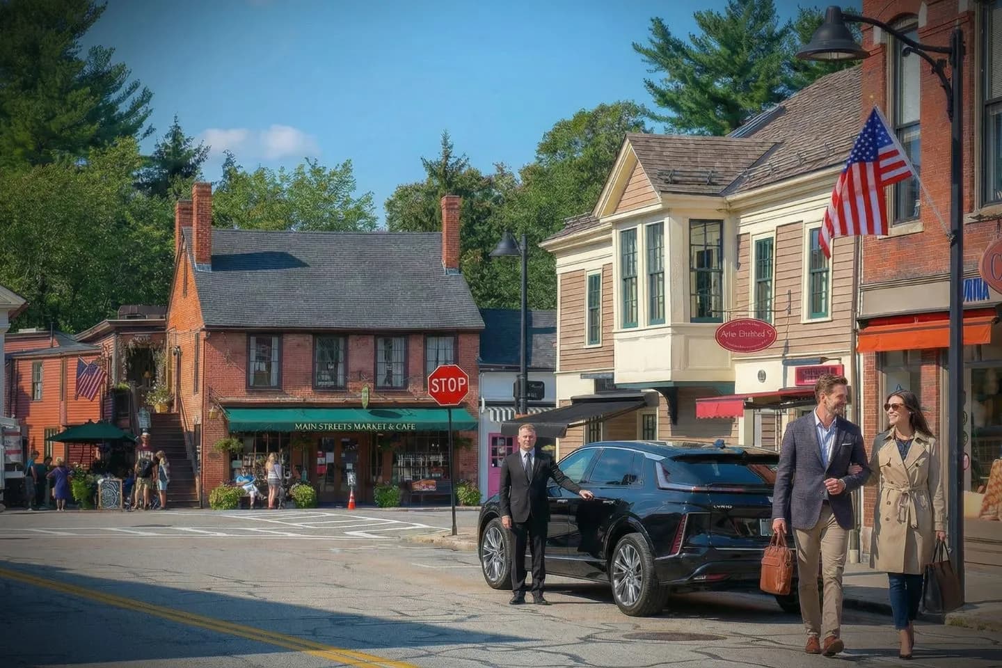 Executive Massachusetts chauffeur service SUV arriving at airport terminal with suited driver assisting passenger