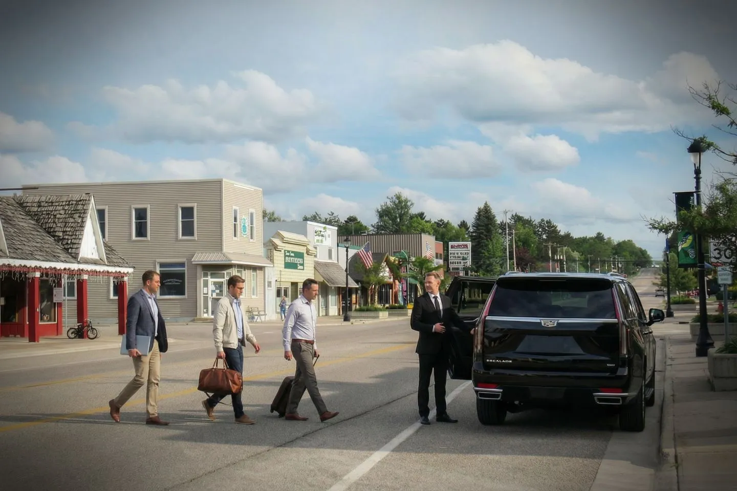 Luxury sedan from Michigan, MI Chauffeur Service parked outside a downtown hotel with professional driver