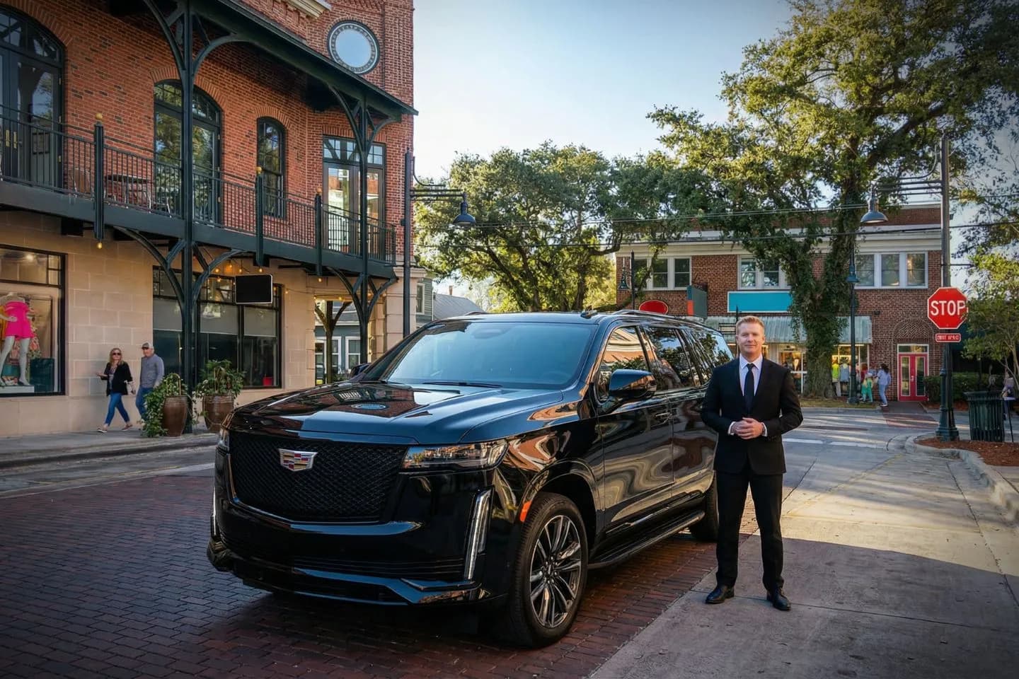 Luxury sedan with professional Mississippi, MS Chauffeur Service driver assisting client outside airport terminal